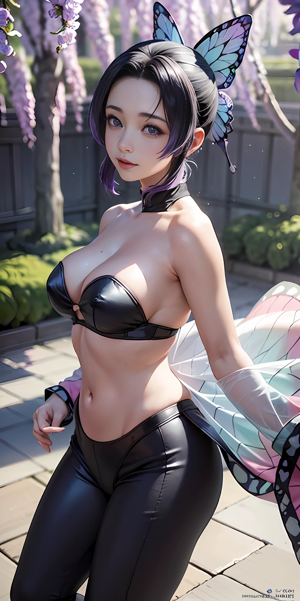shinobu kochou,Ultra-realistic 8k CG,tmasterpiece,((Ultra detailed backgrounds,delicate patterns,Complicated details)),Best quality at best,very vey very detailed face,very detailed eyes and faces,Very detailed eyes,kochou shinobu,O cabelo multicolorido,No bangs,hair intakes,Purple eye,forehead,black shirt,Black pantsuit,haori,butterflys,button,obi ,(trpical garden:1.2),purple flower,tchibi,mostly cloudy sky,rays of sunshine,Tyndall effect,gradient_sky,the face,beautiful sky,Saber at the waist,captivating posture,1girll, Solo, full bodyesbian, (Masterpiece:1.21), (Best quality:1.2), Colorful, (illustration:1.2), (Cinematic lighting:1.1), (Bare shoulders:1.21), (鎖骨:1.21) In this whimsical and fantastic garden,The scene is rainbowed(colorful fireflies)illuminate,dance through the air。soft(Drizzle)Decorate the garden,It creates a hazy and ethereal atmosphere。In the center of the screen,There was a single teenairl standing,Extremely delicate girl,Lovely facial fe,The expression is innocent。Her long hair fluttered in the wind。She wears an ultra-low-cut strapless dress,Highlight her delicate curves。The lighting is very delicate and beautiful,Creates a soft and warm glow,Highlights the surface of the water,making it sparkle like diamonds。The finest grass is also illuminated,Create a lush carpet。The garden is surrounded by colorful fields of flowers,Flowers of all colors and shapes bloom。Various colors and sizes can be seen(Colorful butterflies)Fly around the scene,It adds to the overall sense of wonder and magic。 (Gentlemen),A flush is visible at the bridge of the nose,The mouth opened slightly,It also adds to the overall sense of innocence and youthfulness。Falling petals can be seen floating around her,It adds to the overall romance and beauty。A gentle breeze,The leaves rustle,Flowers sway,Adds to the overall dynamism and vitality。It is a scene of pure wonder and magic,Full of color and beauty,Viewers can lose themselves in this fascinating and fascinating