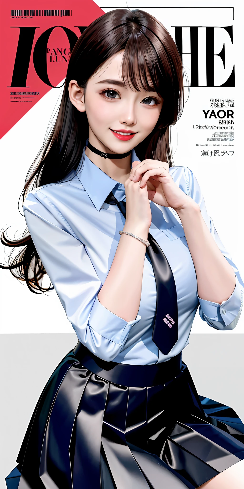 masterpiece, best quality, full body, 1girl, bangs, black choker, black necktie, black hair, blue skirt, blush, bracelet, breasts, choker, clothes around waist, collarbone, collared shirt, cowboy shot, dress shirt, ear piercing, eyebrows visible through hair, gradient hair, grin, gyaru, jewelry, kogal, long hair, looking at viewer, loose necktie, necktie, piercing, plaid, plaid skirt, pleated skirt, red eyes, ring, school uniform, shirt, skirt, smile, solo, white shirt, street, sky, cherry blossoms, petals,illustration, (magazine:1.3), (cover-style:1.3), fashionable, woman, vibrant, outfit, posing, front, colorful, dynamic, background, elements, confident, expression, holding, statement, accessory, majestic, coiled, around, touch, scene, text, cover, bold, attention-grabbing, title, stylish, font, catchy, headline, larger, striking, modern, trendy, focus, fashion,