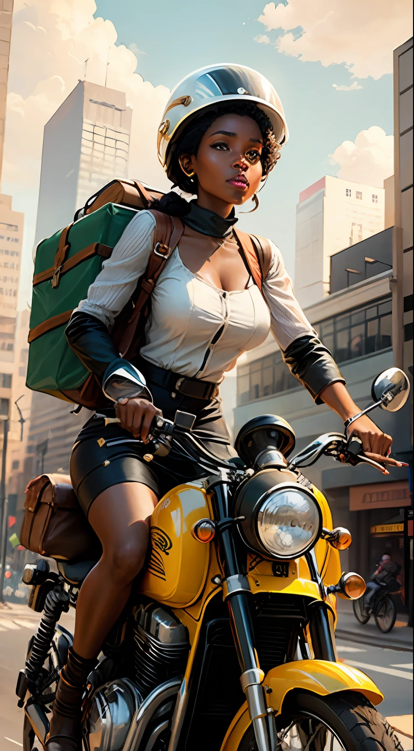 A painting of an African woman on a delivery motorcycle in the city with a briefcase on her back and helmet in her hand