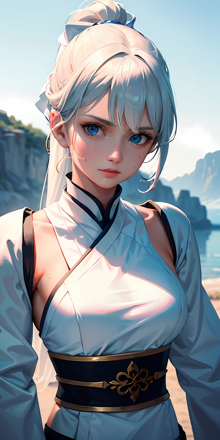 Female Warrior，solo person，closeup of face，High ponytail hairstyle，perspired，White Hanfu，longer sleeves，Wear arm guards、Armour，blue colored eyes（eyes glowing），cabelos preto e longos，Sweat on the face，Clothing is complicated，Refinement，high qulity，higher details，a sense of atmosphere，facial closeups，The 5 fingers of each hand are very detailed，