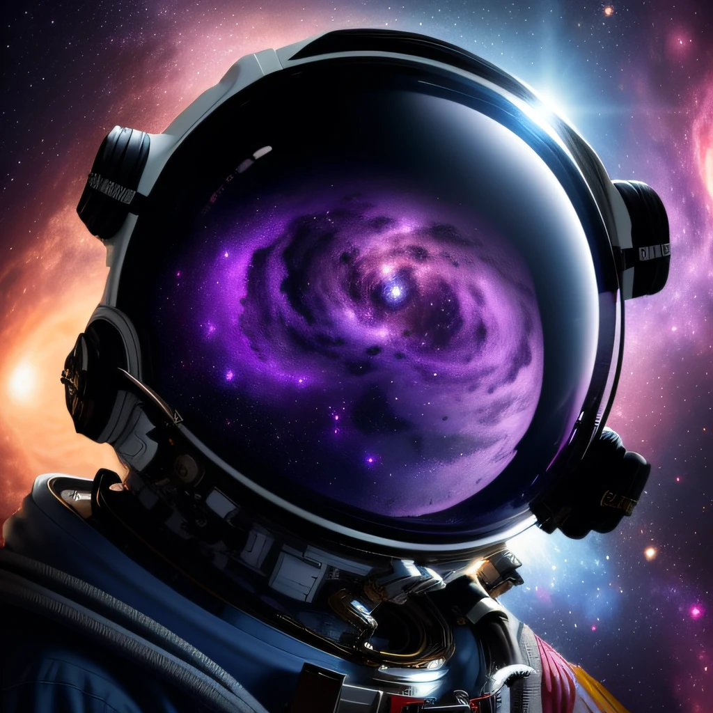 A closeup of a person in a spacesuit with a purple galaxy in the background, in space, space, astronaut lost in liminal space, Epic lost in space, Space Sci - Fi, Astronaut in Space, Space travel, outer space, cosmonauta, fantasy space, astronauta, found in space, space backround, in the space, An astronaut in space