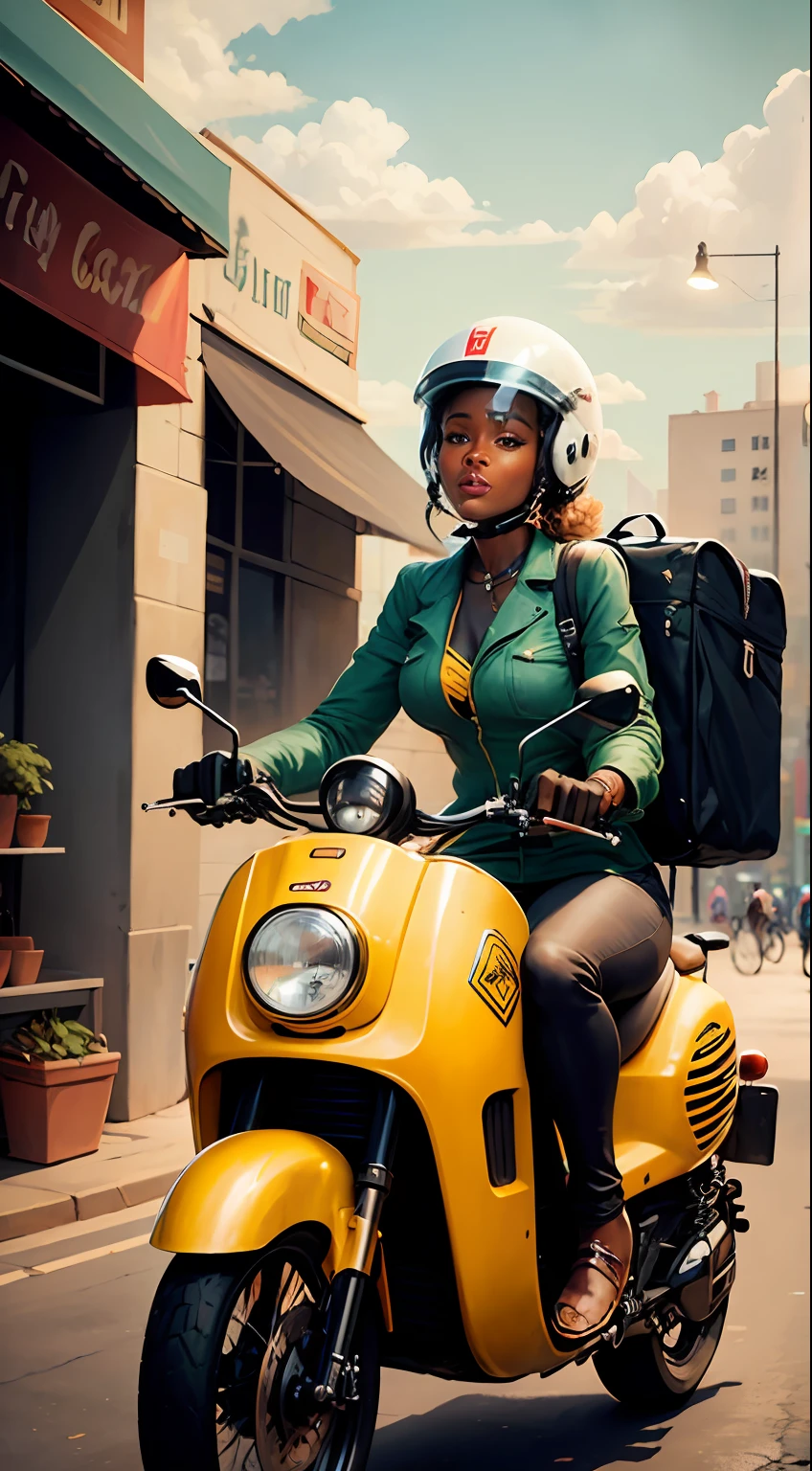 A painting of an African woman on a delivery motorcycle in the city with a briefcase on her back and helmet in her hand