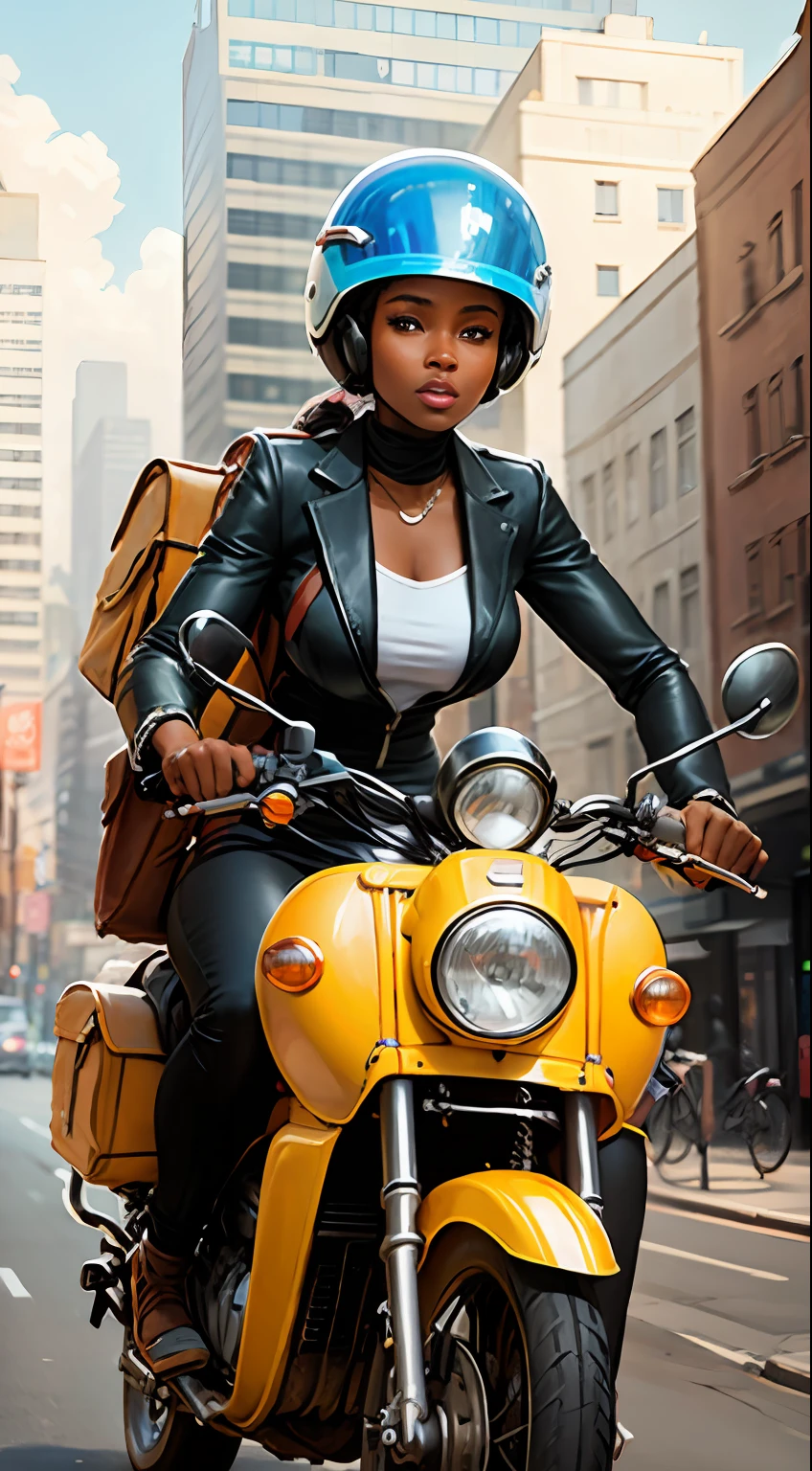 A painting of an African woman on a delivery motorcycle in the city with a briefcase on her back and helmet in her hand