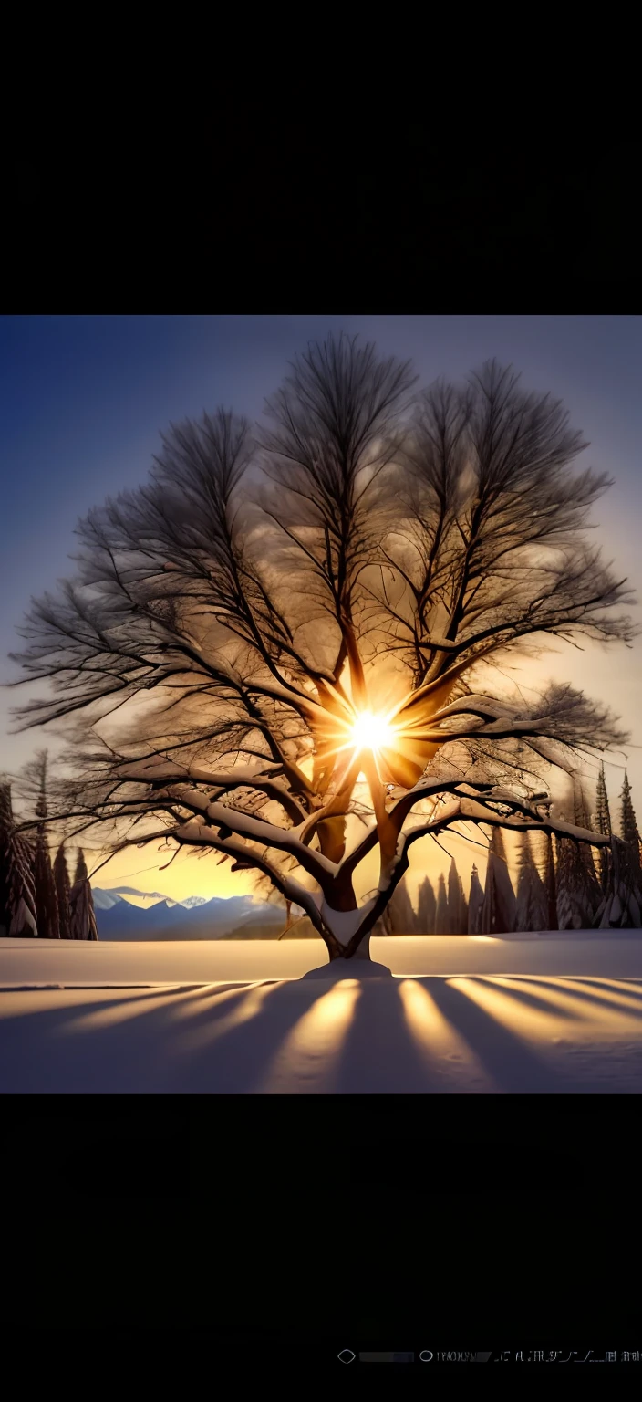 Close-up of a tree in the snow,Sunset, warm beautiful scene, cold sunset, sunny winter day, winter setting, breath-taking beautiful trees, breath - taking beautiful trees, winter vibes, Cold but beautiful, cold sunny weather, Beautiful backlight, beautiful winter area, sun rays through snow, Dramatic cold light, beautiful sunrise lighting, glowing snow