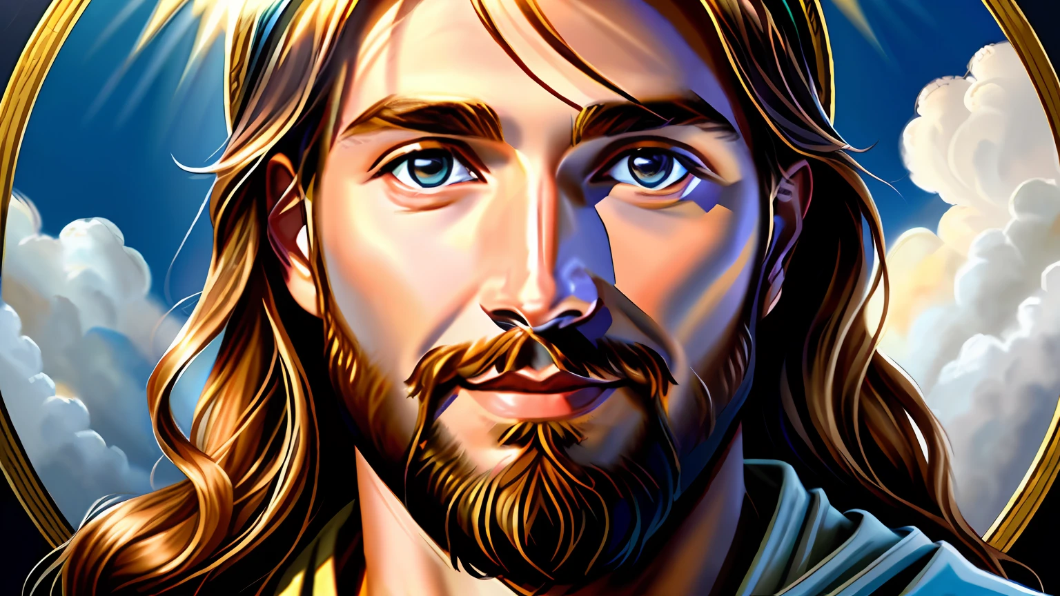 A painting of Jesus with a halo in heaven, Jesus Christ, Smiling in heaven, Portrait of Jesus Christ, Face of Jesus, Young God Almighty, Portrait of a Heavenly God, Greg Olsen, Jesus Gigachad, Jesus of Nazareth, Jesus, The face of God, God looking at me