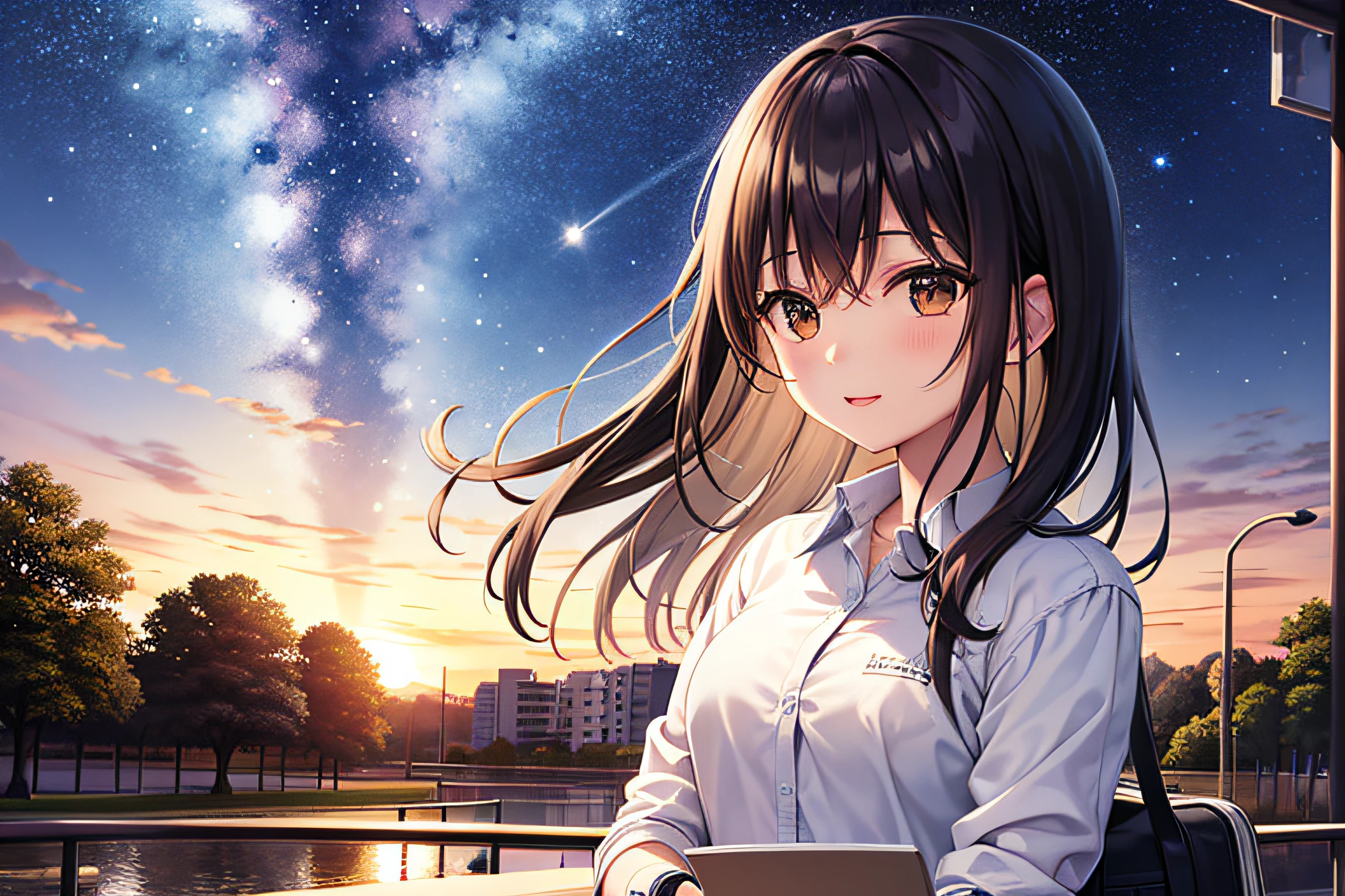 cielo, estrellas (cielo oscuro), paisaje, cielo estrellado, noche, 1chica, uniforme escolar marino, llorando, carta de amor rota, cielo atardecer, solo, al aire libre, firma, edificios con luces amarillas, nube, milky way, planeta saturno, sentado, cherry tree, pelo largo, ciudad, silueta, paisaje rural, autobus
