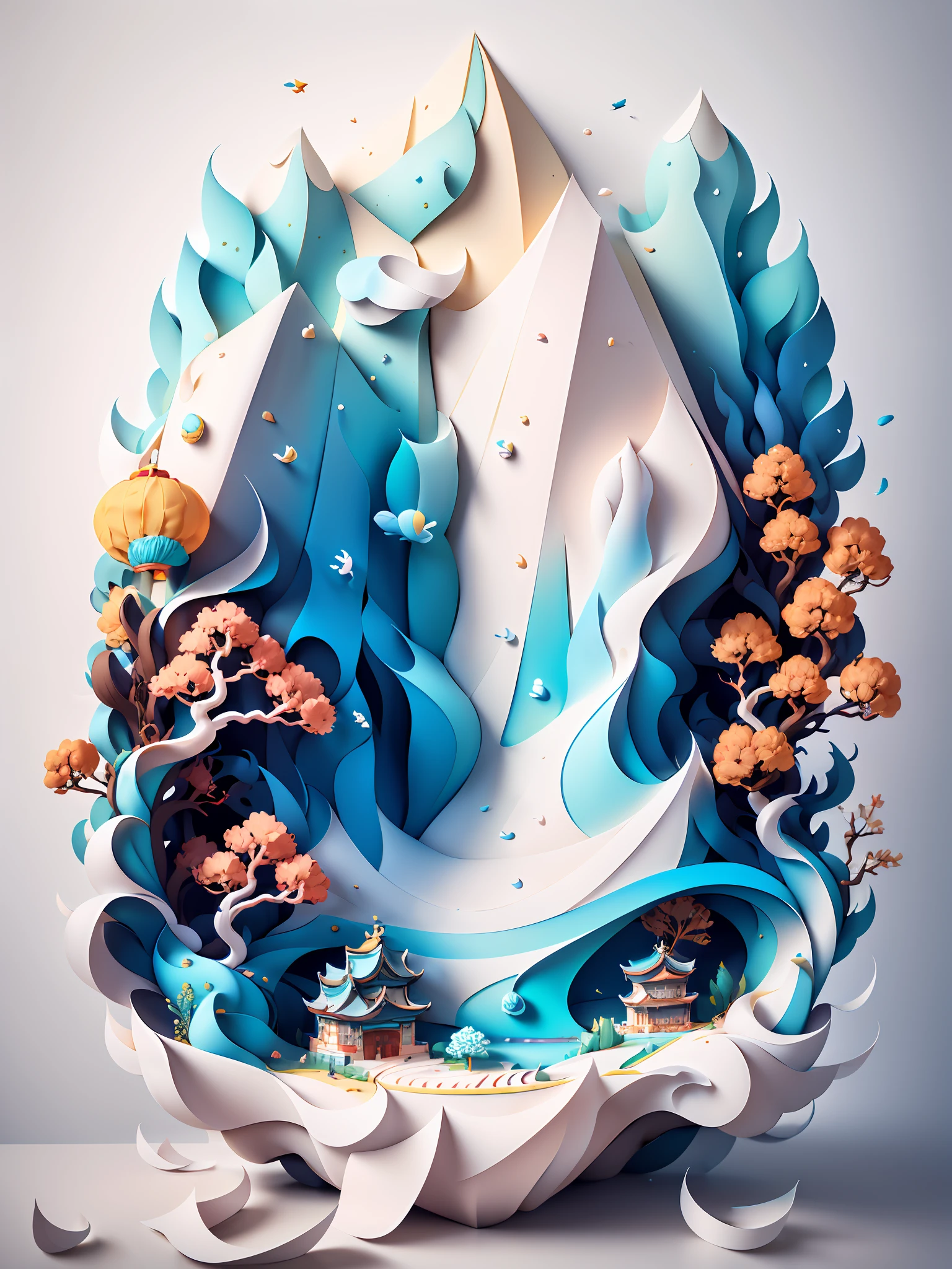 Chinese traditional landscape painting,Cupcakes,Sweet and tasty cake,Paper creation,3D立体渲染,The color gradient varies from white to light blue,4K分辨率,Simple and natural composition,:White background,Fresh and unearthly style。(:Nature:)