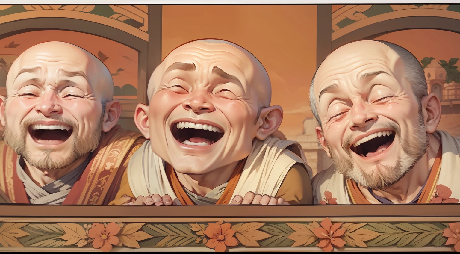 Animation showing the three monks laughing while the people around them start laughing as well