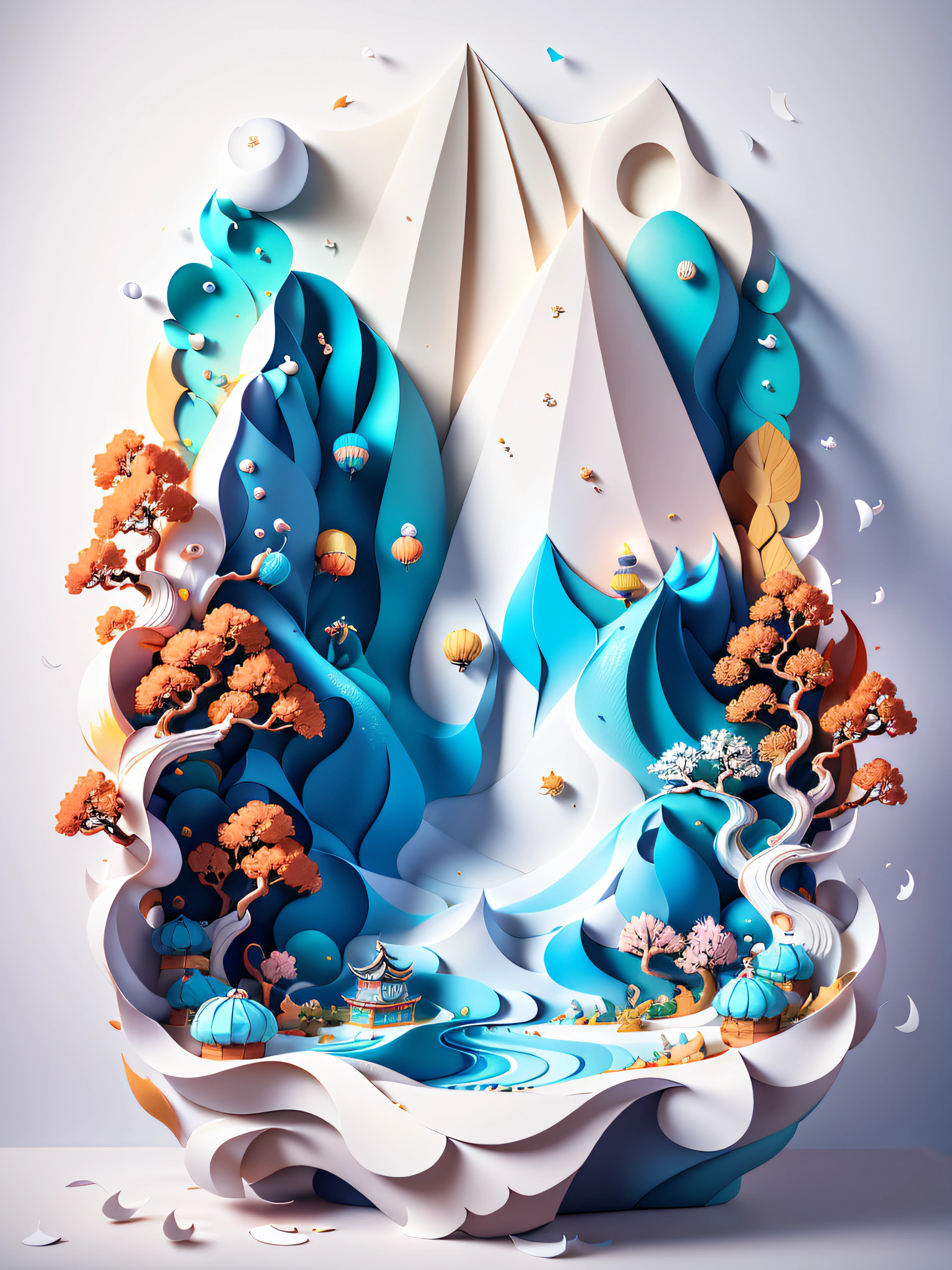 Chinese traditional landscape painting，Cupcakes，Sweet and tasty cake，Paper creation，3D立体渲染，The color gradient varies from white to light blue，4K分辨率，Simple and natural composition，:White background,Fresh and unearthly style。(:Nature:)