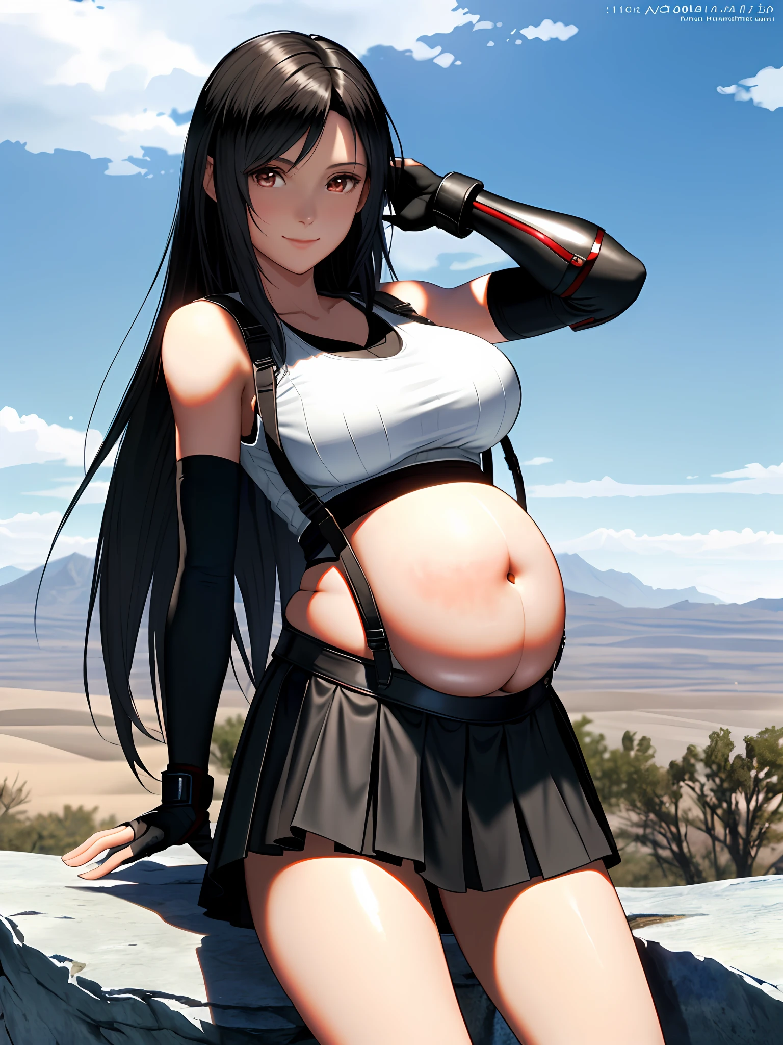 8K,Masterpiece, bset quality,Big, (1 girl), Tifa Lockhart, Red_Eyes, Black hair, Long hair, Professional lighting, (Shiny skin: 1.2), shiny big, ((Best quality)), Sharp focus: 1.2, Highly detailed face and skin texture, Detailed eyes, Perfect face, Perfect body, blur art, CG, Background with, 20yr old, mature cool and beautiful face, Wearing ((suspender black skirt), black elbow gloves, white taut shirt, Tsigh, Gilet blanc), Blushing, Dynamic pose, (Mittgar), is sitting on a rock, Tranquility, (Beautiful Sky Background: 1.1), (Desert, hill, sky: 1.1), (Full body shot: 1.15), Smile, Floating hair, Flirting,pregnant belly，Pregnant belly