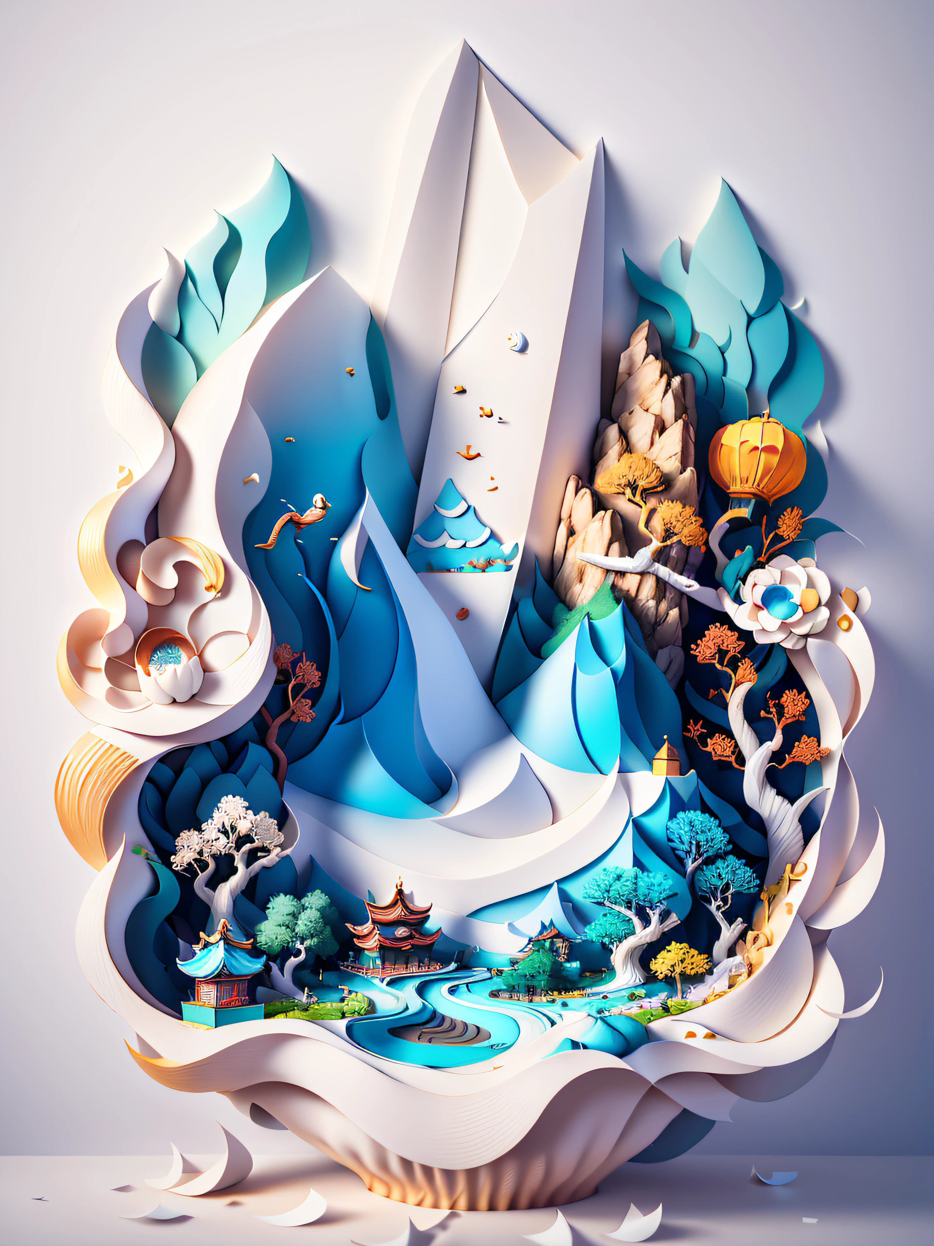 Chinese traditional landscape painting,Cupcakes,Sweet and tasty cake,Paper creation,3D立体渲染,The color gradient varies from white to light blue,4K分辨率,Simple and natural composition,:White background,Fresh and unearthly style。(:Nature:)