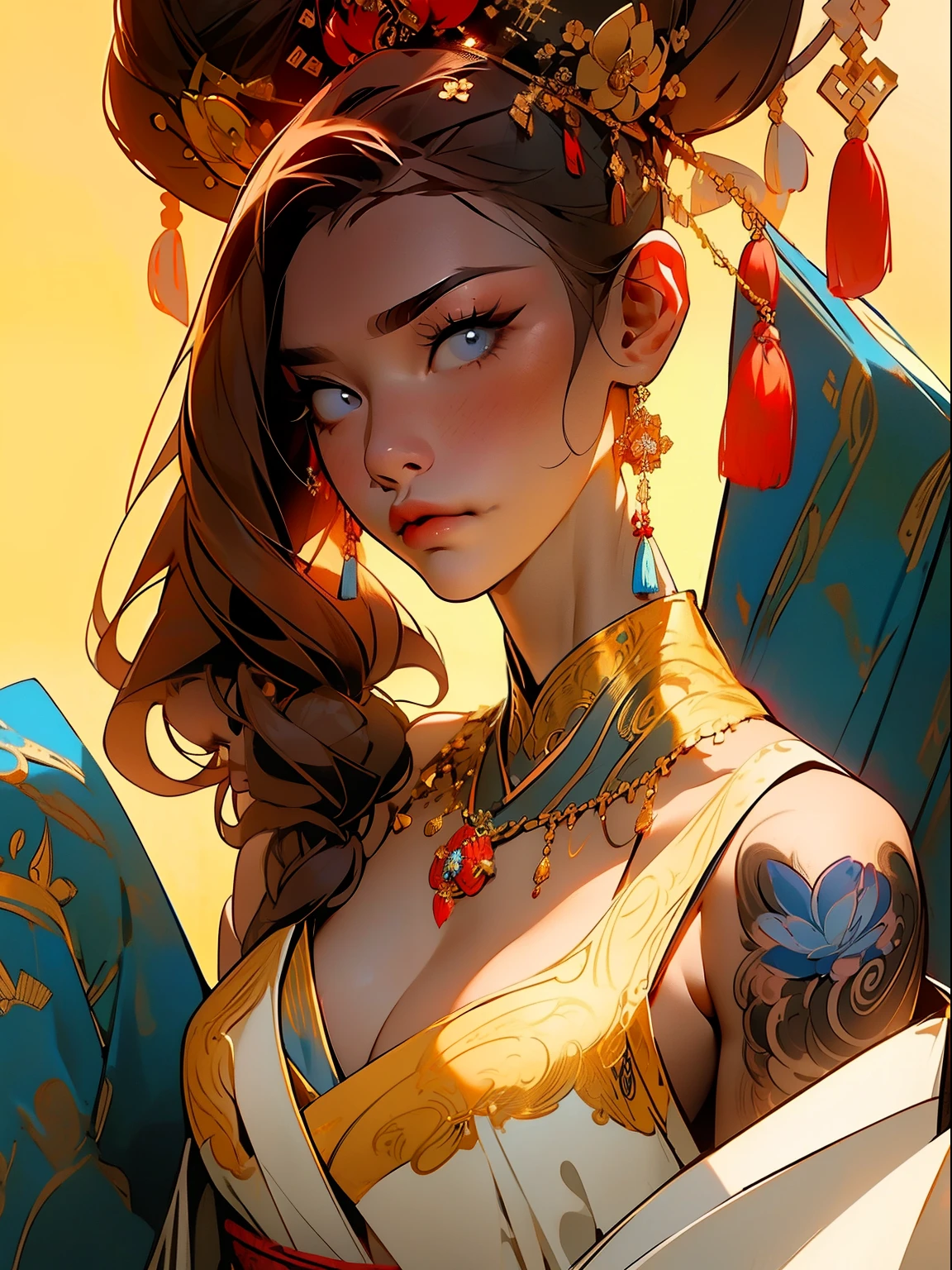 （masterpiece best quality：1.4），1girll， （Chinese text tattoo：1.5）， 独奏， hair flower， long whitr hair， eBlue eyes， looking at viewert， mediuml breasts， Tattooed with， brunette color hair， nipple tassels， exposed bare shoulders， By bangs， 耳Nipple Ring， inside in room， nape， cropped shoulders， jewely， eyeslashes， cparted lips， contours， hair-bun， nipple piercing， single hair bun，Blue gold embroidered clothes，Japanese-style family environment