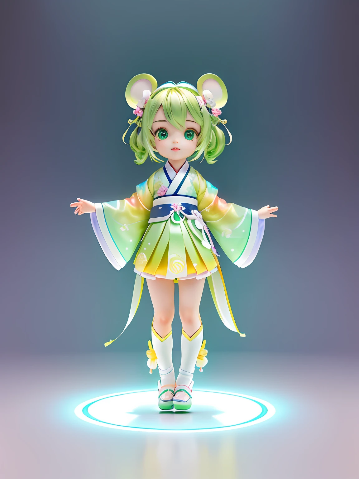 Super cute girl full body 3D drawing,1pc,Mouse ears，good eyes looking,largeeyes,adolable,having fun,c4d,Pop Matt Blind Box,,Glowing bubbles,toys,solid color backdrop,tchibi,Fluorescent transmission,luminous body, kawaii,dolls,(((Ancient Hanfu，Green Hanfu))),reference sheet,Pop Mart Blind Box,Pixar,complexdetails,3Drenderingof,blender,OC renderer,fol body reference sheet,dribble,high details,8k,studio lighting,li,pee,childi , SD character：1.1，magic lab background