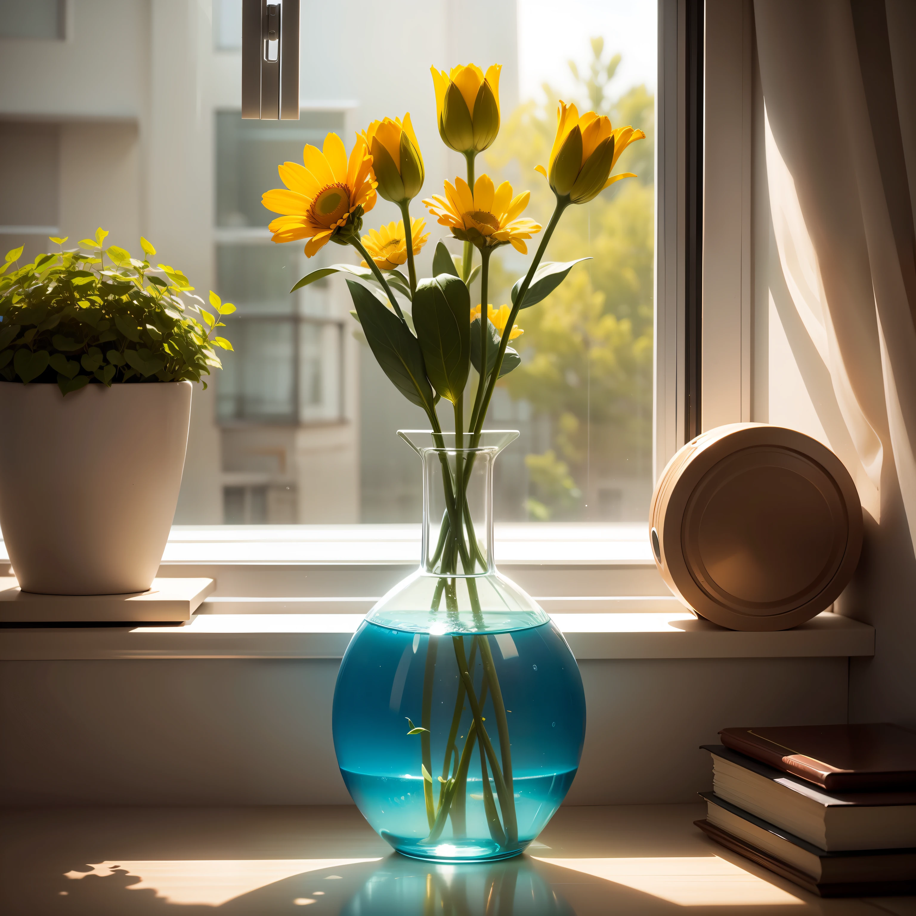 Vase on modern minimalist windowsill,  natural window lighting, windowsill,  sliding glass windows,  looks out the window，Photography HD，4K