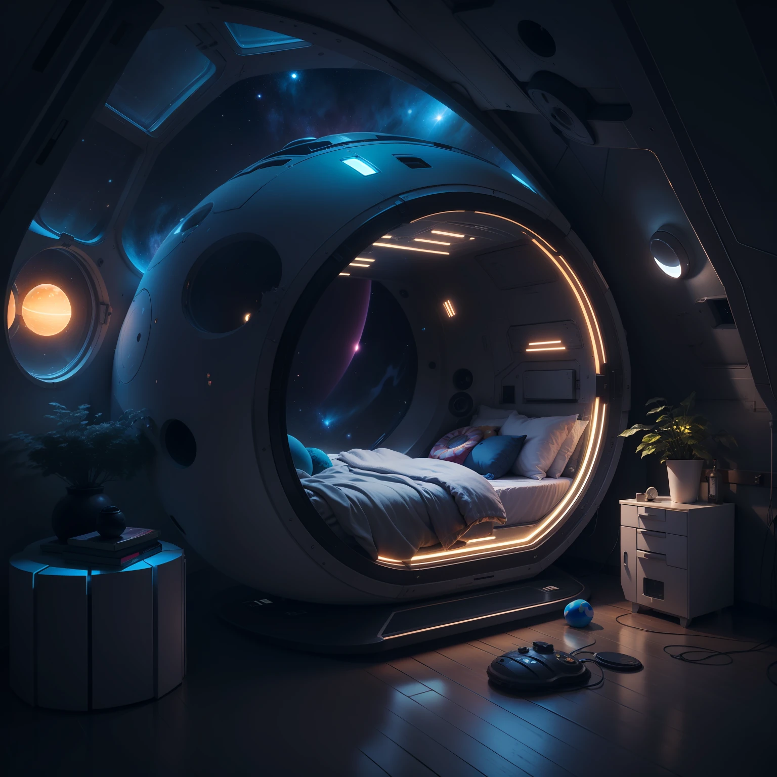 A dimly lit space ship escape pod bedroom, with a highly detailed cozy and colorful space theme hacker-core aesthetic high tech closable door system visible, illuminated by the soft glow of a few scattered stars through port hole, spherical egg shape design, high contrast lighting 24k image resolution.