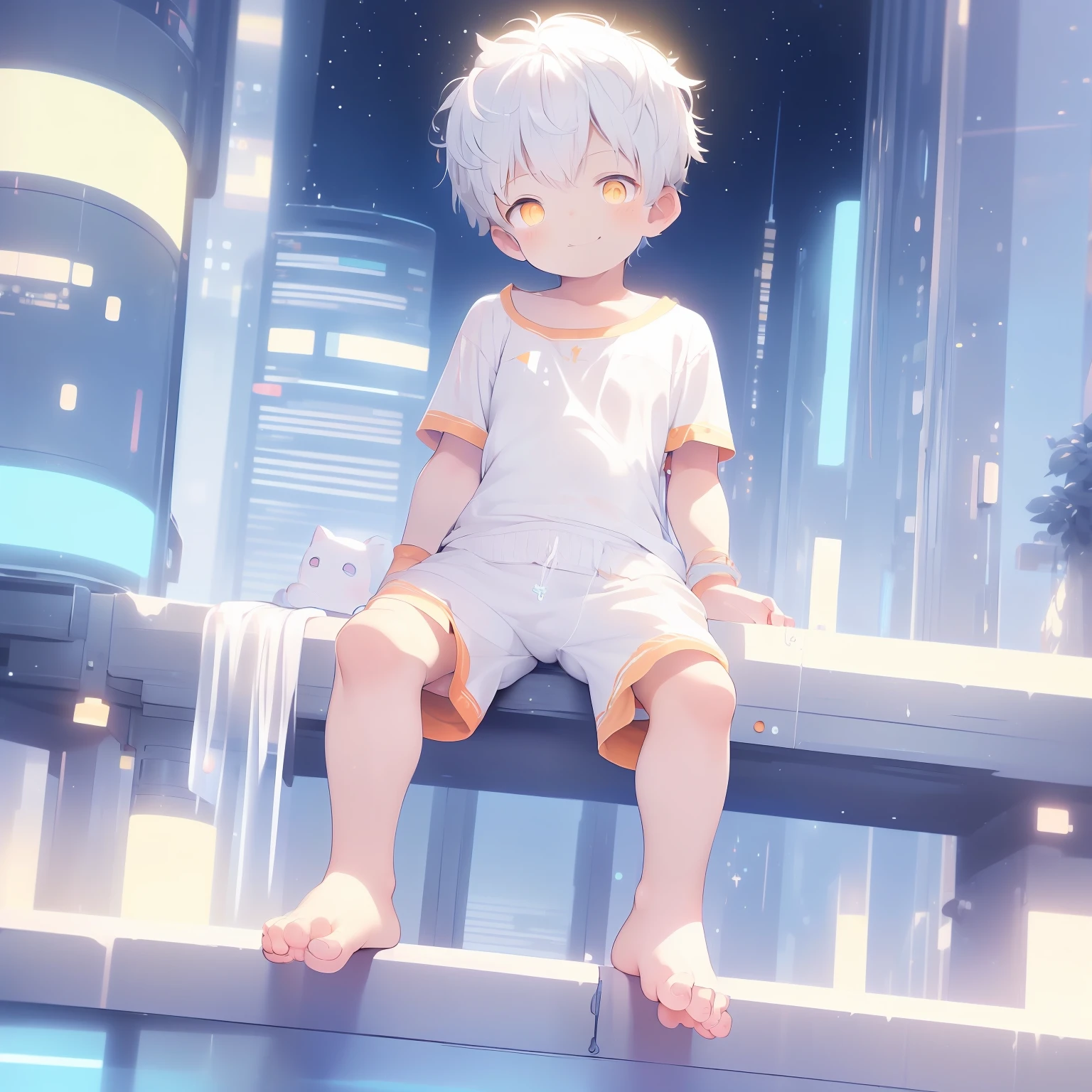 4K), chubby little boys with white hair and orange eyes and barefoot and white Onesie pajama small tiny feet, He sits on a rooftop, soft skin, showing feet, sexy feet pose, Nebel Licht, Impressionismus, 2D, Focused on feet, libido, smirking, White tan, blushing, cute feet