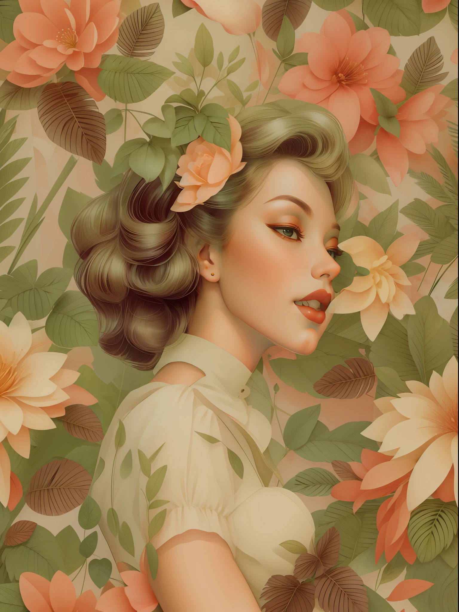 old, vintage, pinup girl, flowers, leaves