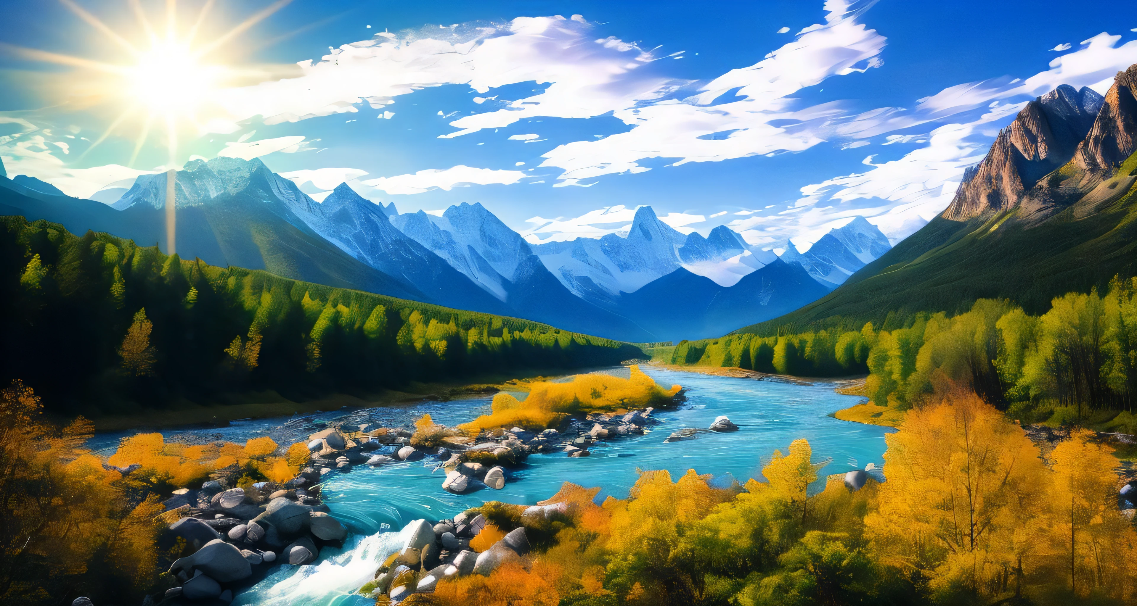 detailed background, masterpiece, best quality, scenery, mountains, river, forest, sun, day, clouds