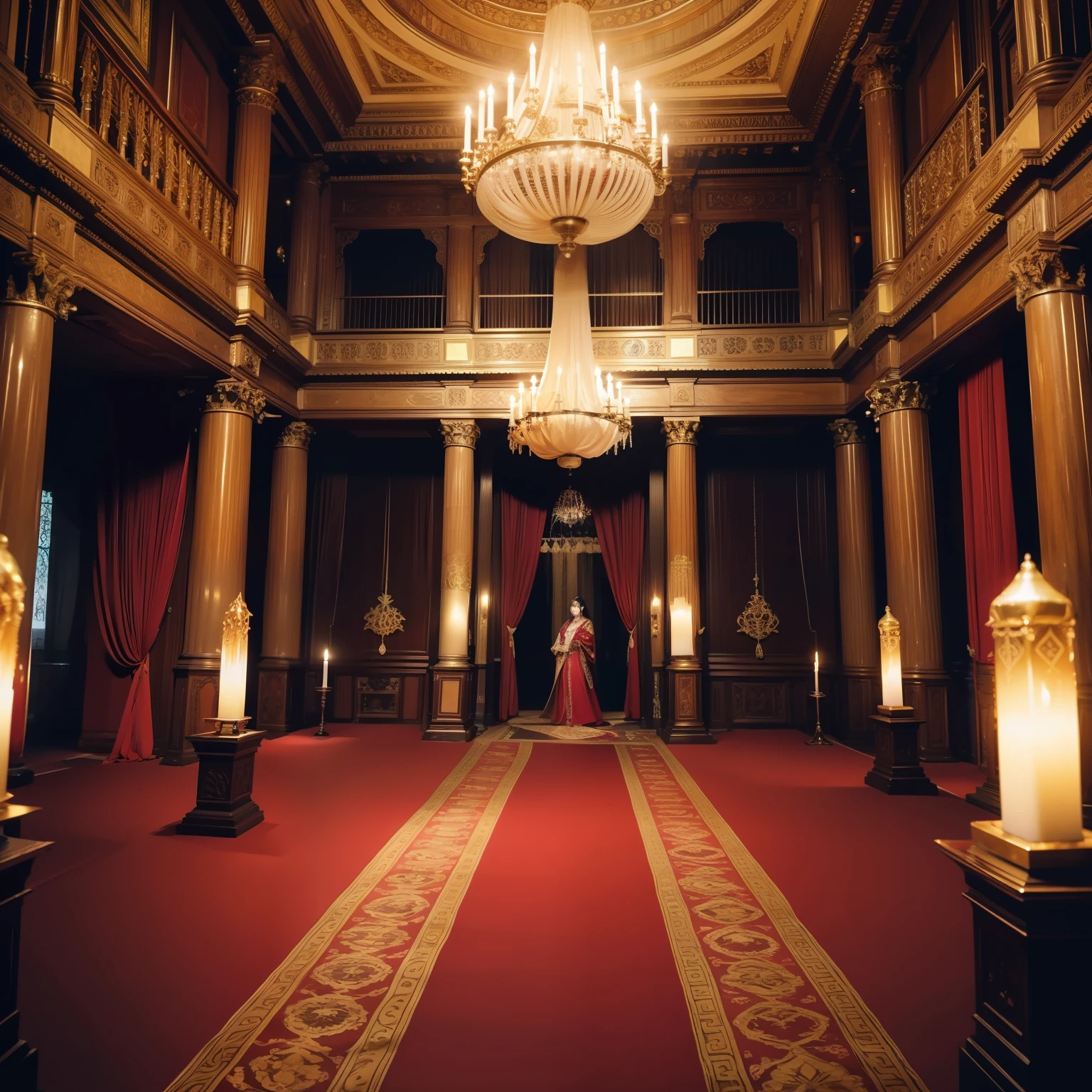(best quality,masterpeace),wide shot,
A grand hall, dripping with Gothic opulence and draped in silk banners bearing ancient sigils, intricately carved masks, adorned with glistening black jewels, sinister elegance, blood-red velvet, flickering candlelight
,(perfect composition, best exposition, golden ratio)
, muted color, dramatic,cinematic lighting, trending on artstation,trending on CGSociety,immense detail,