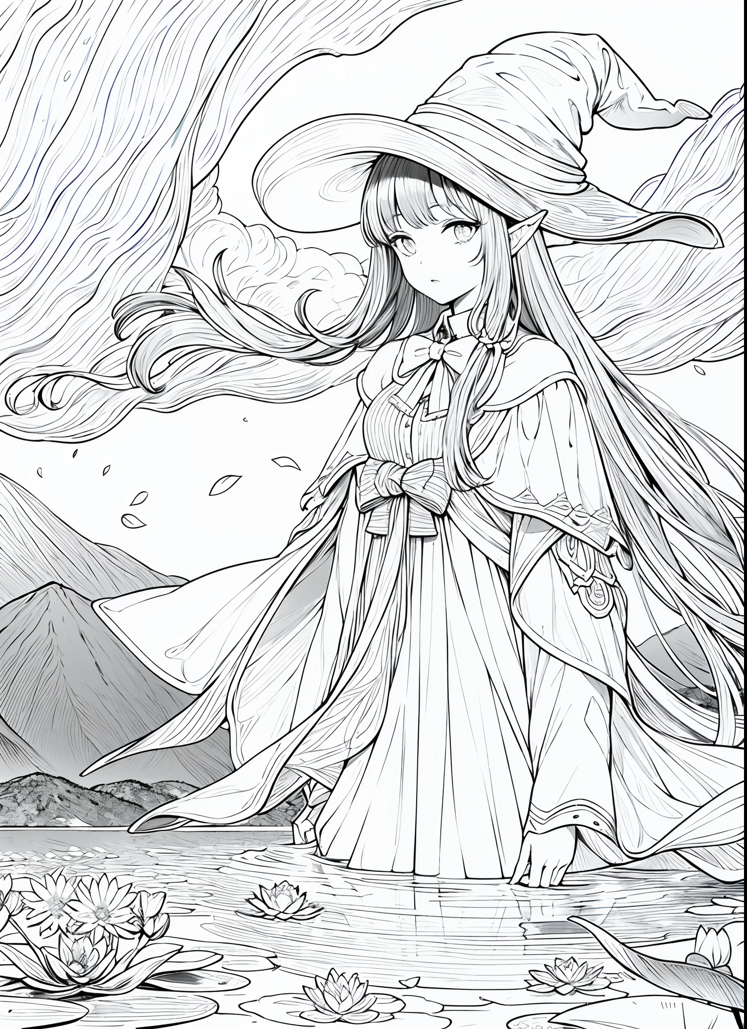 masterpiece, best quality,1girl, adjusting clothes, adjusting headwear, blush, bow, bowtie, breasts, brown eyes, brown hair, cloak, cloud, cloudy sky, crescent moon, dress, fantasy, flower, glowing, glowing flower, hat, light particles, lily pad, long hair, looking at viewer, moon, moonlight, mountain, mountainous horizon, night, outdoors, parted lips, pointy ears, pond, sky, small breasts, star (sky), starry sky, very long hair, wading, water lily flower, wind, witch, witch hat, lineart, monochrome,