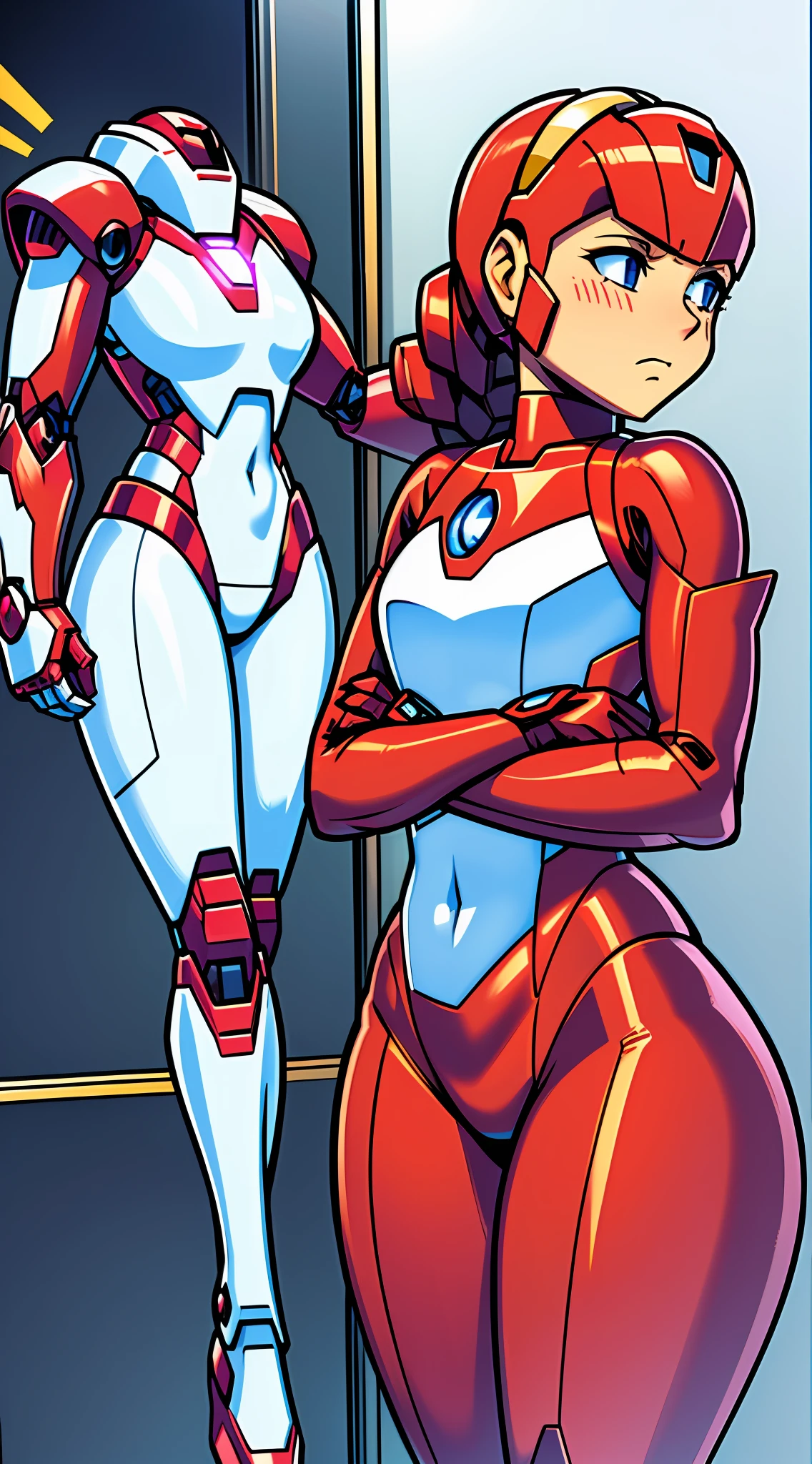 Human 1Female, small chest, looking at own hands, heavy iron-man suit, looking at herself, (nervous+confused), white gold heavy armor with dark purple arms and thighs, thick iron-man suit, Yellow and white body, dark purple arms and legs, helmet