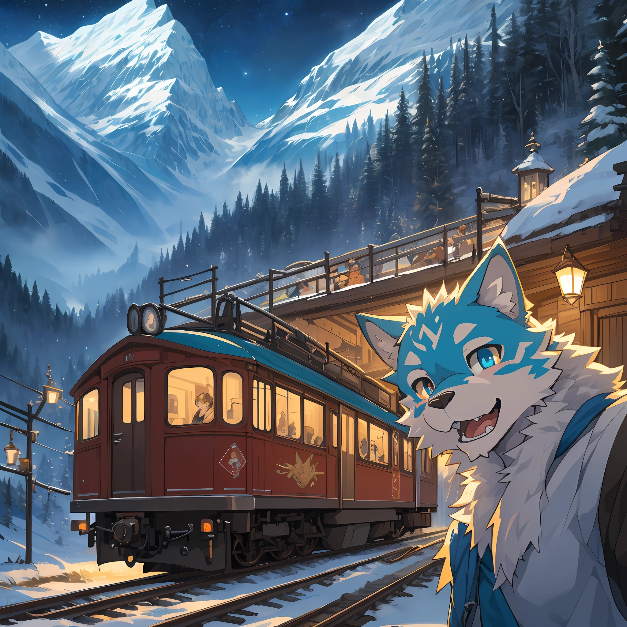 top quality, best quality, High-quality illustrations, masterpiece, super high resolution, detailed background, detailed background, Mountain railways in Switzerland, group shot, 6+boys, 6+girls, night sky, absurdres(highly detailed beautiful face and eyes)perfect anatomy(Photo of family trip)(kemono, furry anthro)selfie,