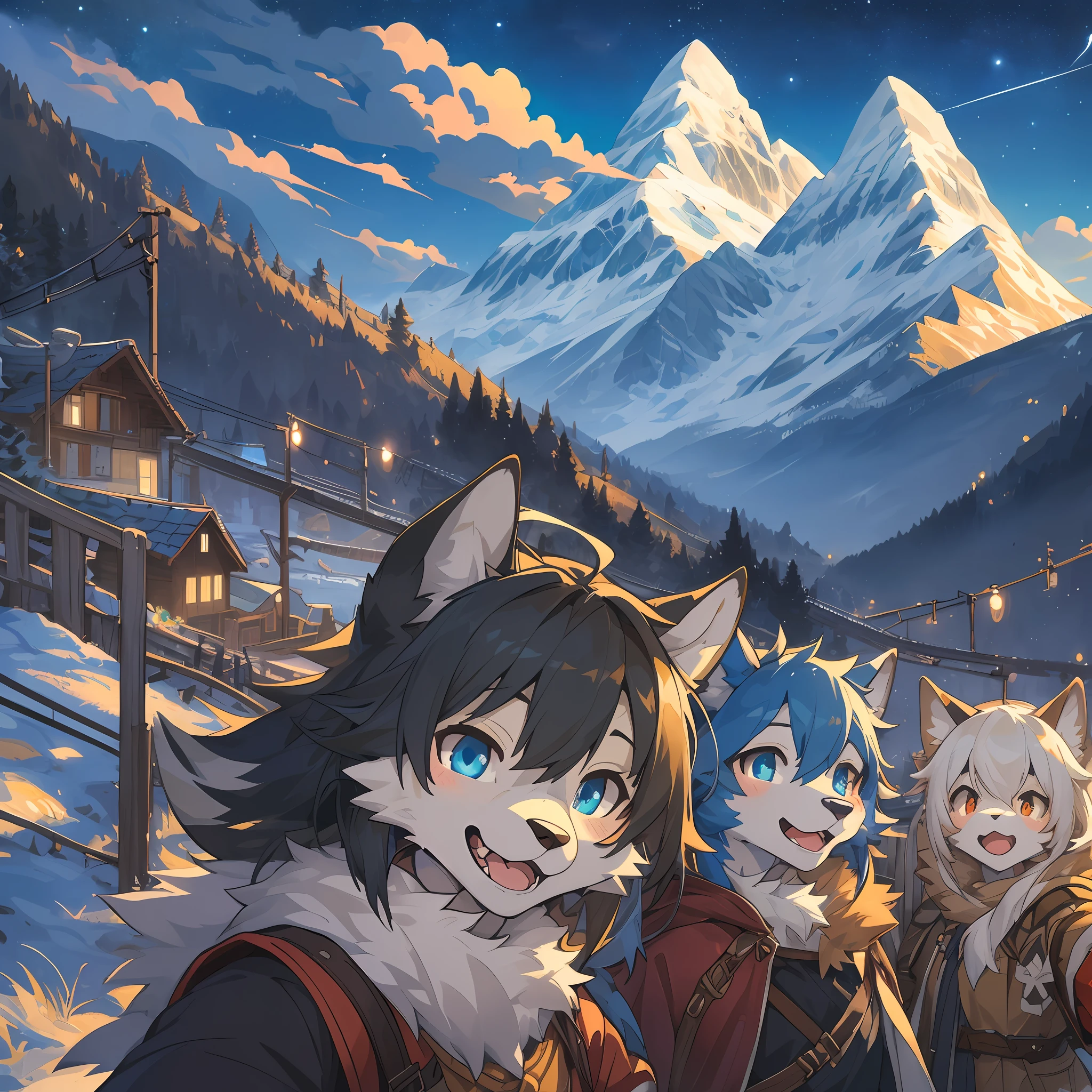 top quality, best quality, High-quality illustrations, masterpiece, super high resolution, detailed background, detailed background, Mountain railways in Switzerland, group shot, 6+boys, 6+girls, night sky, absurdres(highly detailed beautiful face and eyes)perfect ???????(Photo of family trip)(kemono, furry anthro)selfie,