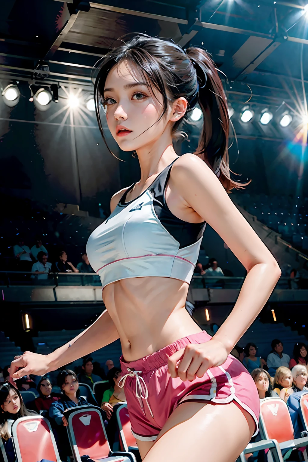 1 girl, (Face the audience:1.8),Solo, Running, Gray Track Top,plain face ,Pink shorts, pony tails, Liuhai,Bigboobs,Athletic figure,Black hair,Dynamic brushstrokes,Smooth movements,Capture the essence of her sportsmanship and energy,Light and pastel tones create a dreamy and ethereal atmosphere,Portrays the movement and elegance of running,The wind blew her ponytail and clothes,and the landscape around her。exteriors,detailed back ground,Modern metropolis,
