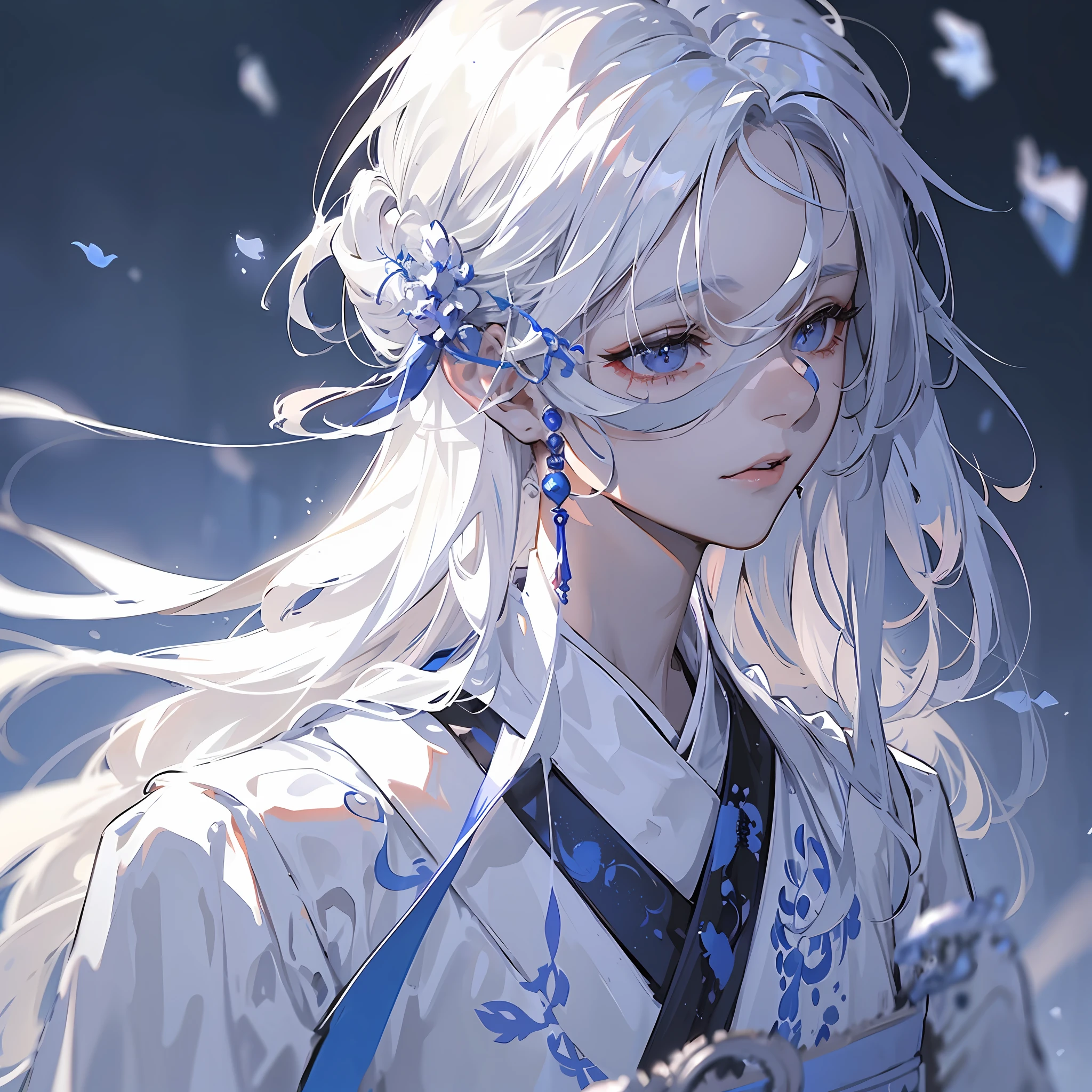 （tmasterpiece，best qualtiy）， 独奏，1 man，A man with white hair, wearing white outfit, White-haired god, with long white hair, White Hanfu, Beautiful character painting, long  white hair, Flowing white robe,  white haired Cangcang, Flowing white hair, flowing hair and long robes, detailed white long hair，A boy in Hanfu，Wearing translucent tulle，Ice storms，Melancholy eyes，Melancholy eyes，（Melancholy Look：1.6）