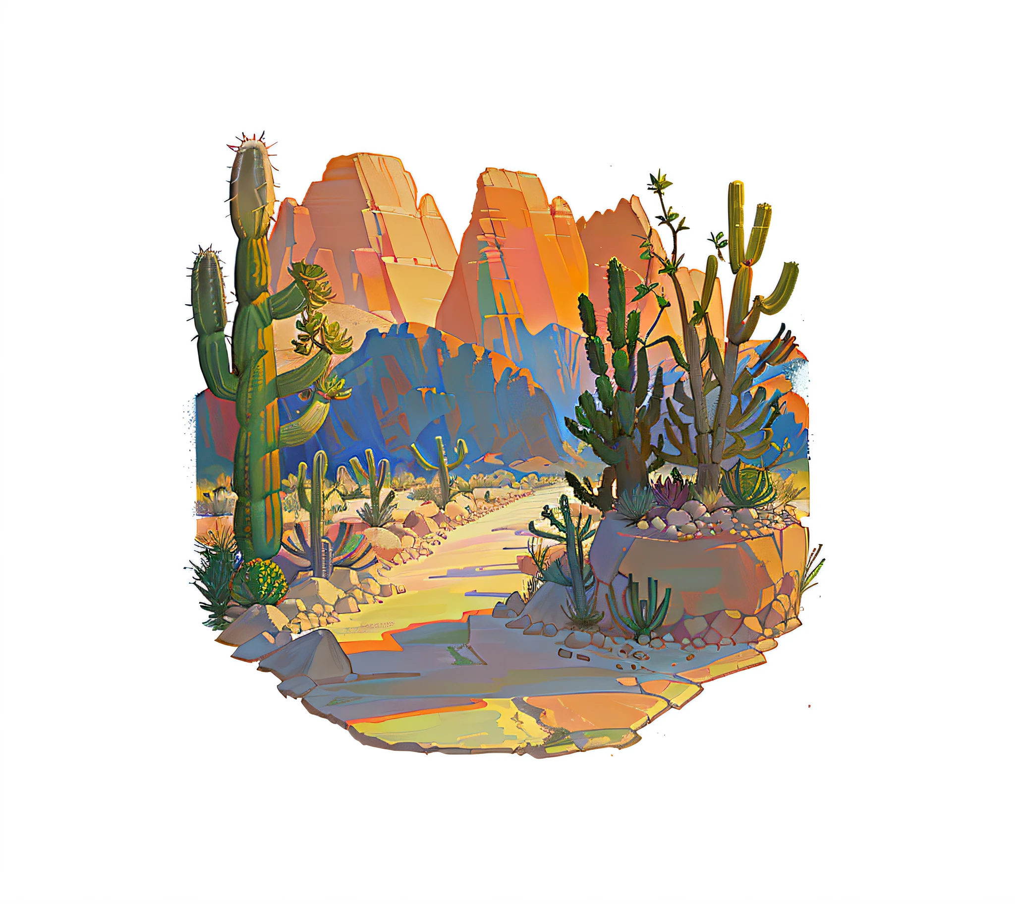 There is a picture of the desert,Inside there are cactus trees and rocks, desert composition, new mexican desert background, Watercolor desert, arizona desert, Desert landscape, desert mesa, Desert scene, peyote cactus desert, desert scenery, patchy cactus, Flat desert, Desert background, rocky desert, desert colors, cacti everywhere, detailed digital illustration, cacti,vintage illustration,Retro,Graphic illustration
