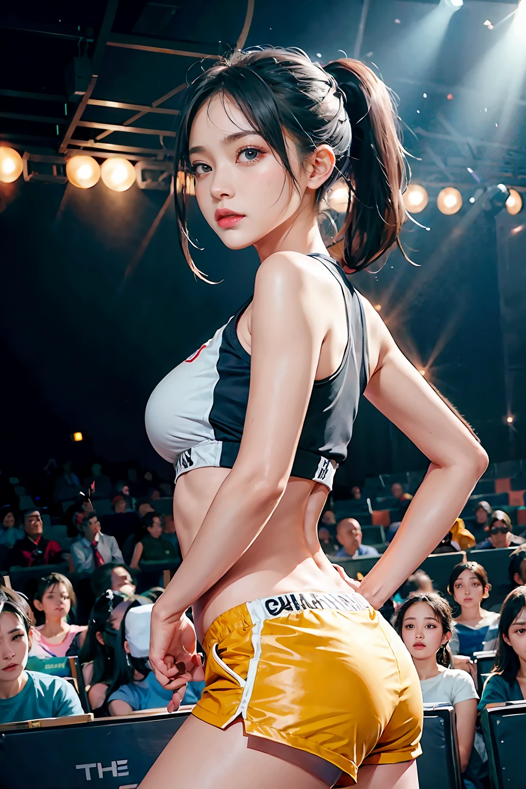 1 girl, (Face the audience:1.8),Solo, Running, Gray Track Top,plain face ,Pink shorts, pony tails, Liuhai,Bigboobs,Athletic figure,Black hair,Dynamic brushstrokes,Smooth movements,Capture the essence of her sportsmanship and energy,Light and pastel tones create a dreamy and ethereal atmosphere,Portrays the movement and elegance of running,The wind blew her ponytail and clothes,and the landscape around her。exteriors,detailed back ground,Modern metropolis,