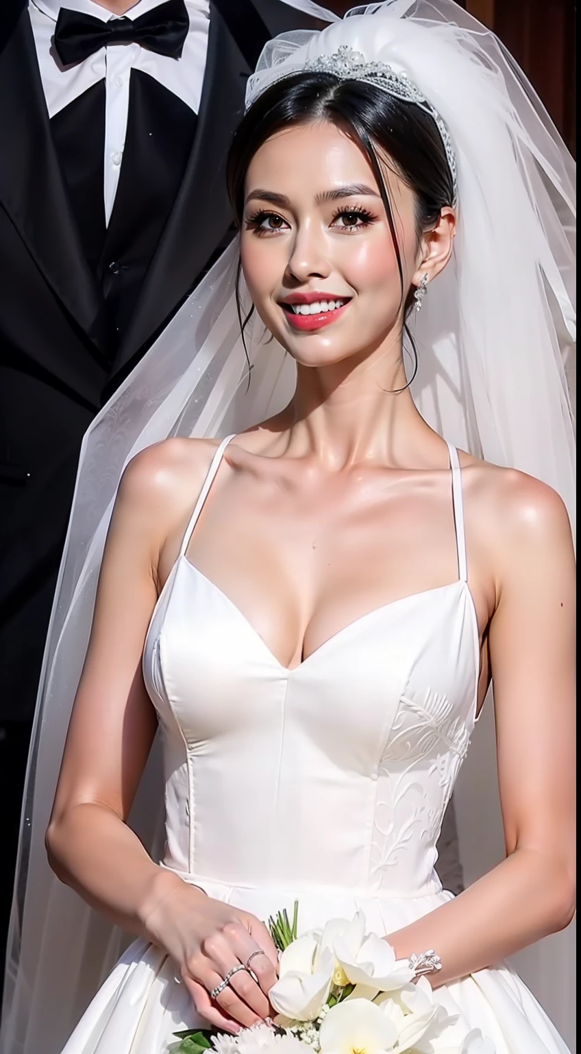 Fashion model 25 years old [[[[closeup cleavage]]]], [[[[boobgasm]]]], [[[[coll]]]], [[[[bshoulders]]]], perfect  eyes, Perfect iris，perfect lips，perfect teeth，Perfect skin，Soft front light，HDR，A couple，wedding gown，Masculine man in suit，Gentle lady wearing wedding dress；（pastel colour：1.2）