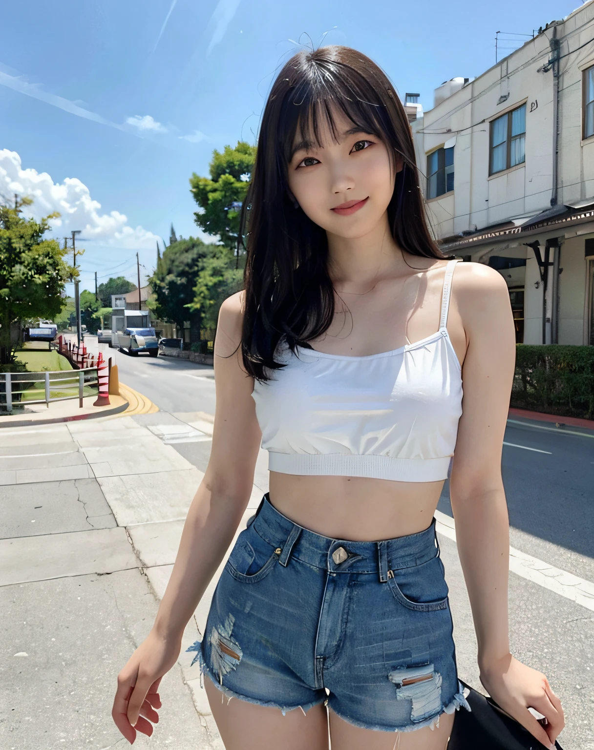 Woman posing on street corner、top-quality、女の子 1 a person、middlebreast、tag、with light glowing、blur backgroun、bokeh dof、outside of house、(Street:0.8)、(a person々、Large crowds:1、A slender、Sleeveless、White camisole、Watching the viewer、Denim Belly Shorts、Damage pants、a gorgeous(Fluffy shoulder-length hair、Forehead:0.8)、Beautiful sky with details、耳Nipple Ring、A slender、Sareme、 (above knee)、Soft lighting、the wind、glowy skin、A smile、The wind is blowing、