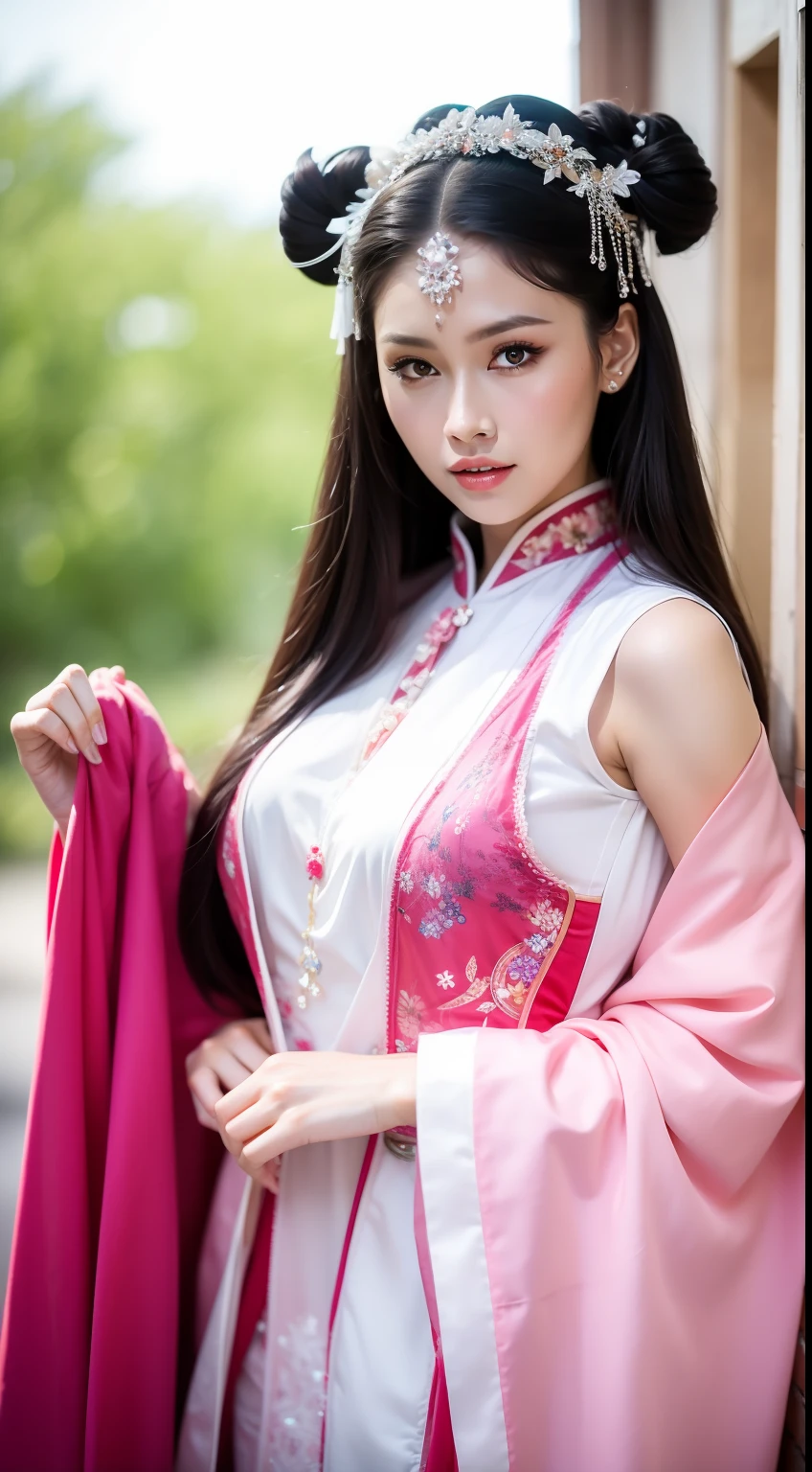 Fashion model 16 years old [[[[closeup cleavage]]]], [[[[boobgasm]]]], [[[[coll]]]], [[[[bshoulders]]]], perfect  eyes, Perfect iris，perfect lips，perfect teeth，Perfect skin，Long face，Soft front light，HDR，filmgirl,Red costume，White period costume，Pink period costume，Green leaves and flowers in the background，（pastel colour：1.2）