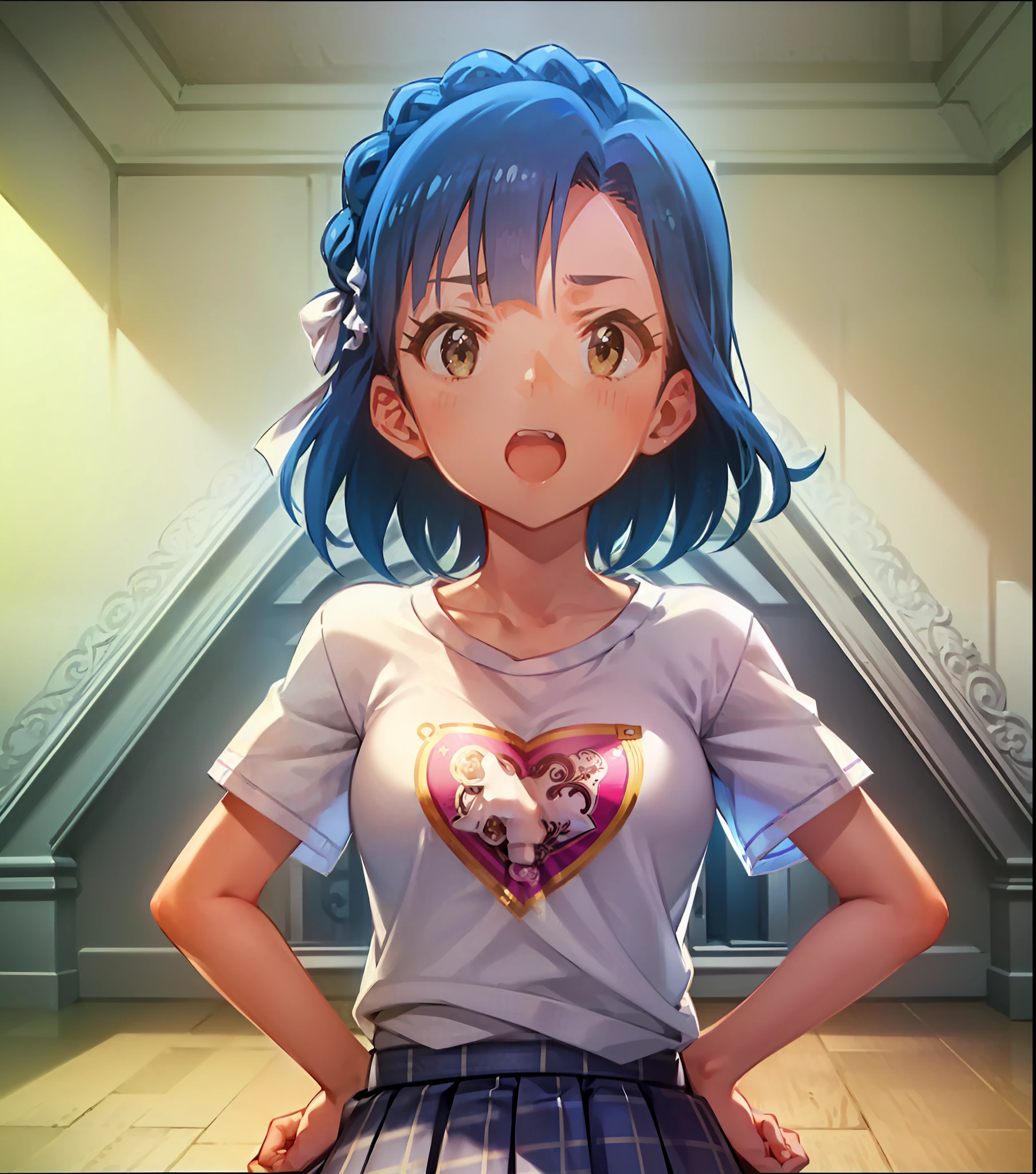 yuriko nanao (million live). Short stature. (((white t-shirts))).(((Skirt))).(((masterpiece))).(((best quality))).((Ultra-detailed))).(((illustratio))). (((put hands on the hip))).(((a room))).(((make a fist))).(((up chest))).Despair face.((short-hair)).((big breasts)).((Opening Mouth)).