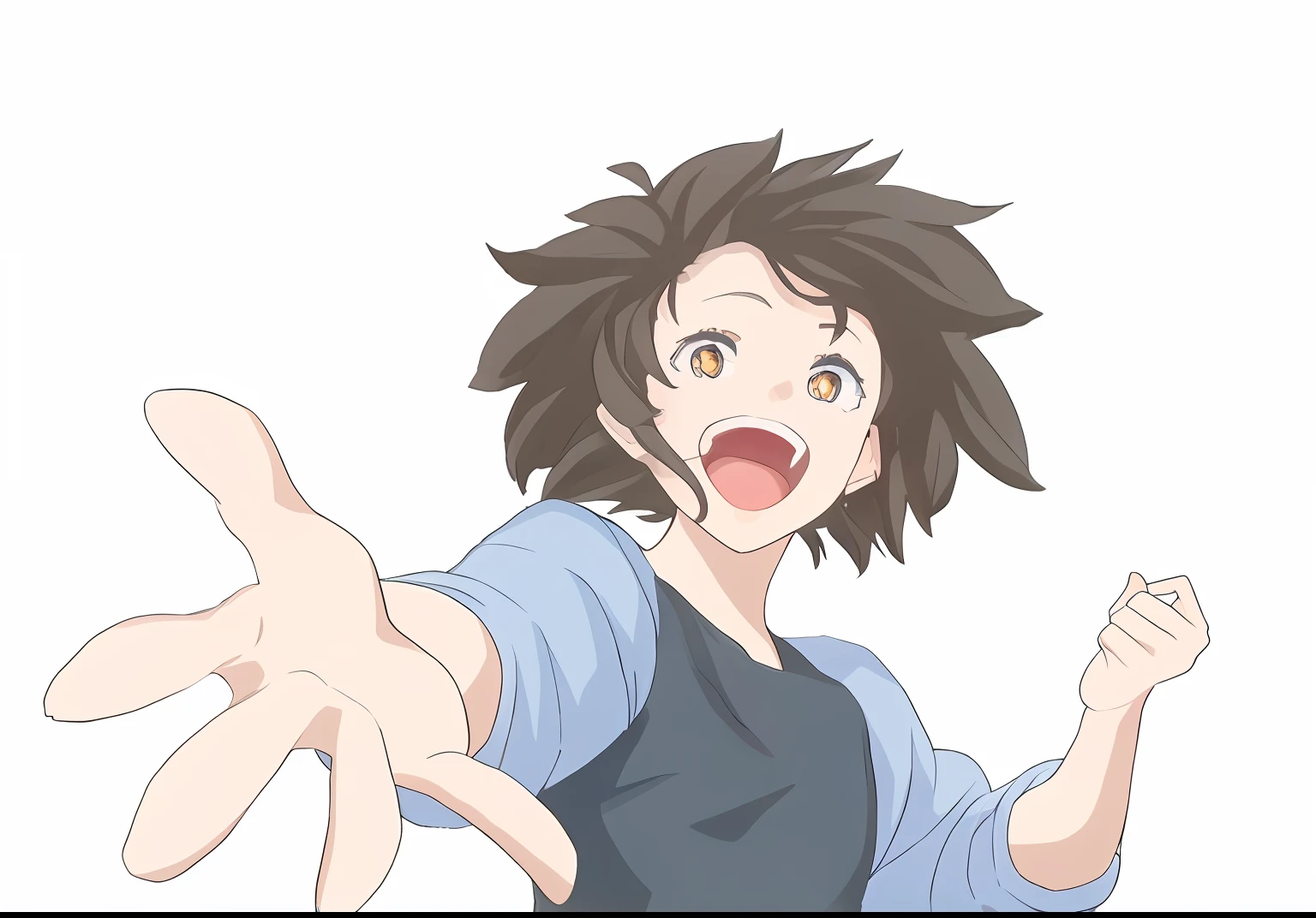 masterpiece、best qualtiy、1giri、Beautiful hair(1.5)、Beautiful eyes、I have my mouth wide open、sticking out your hand、excited expressions、Tension MAX
