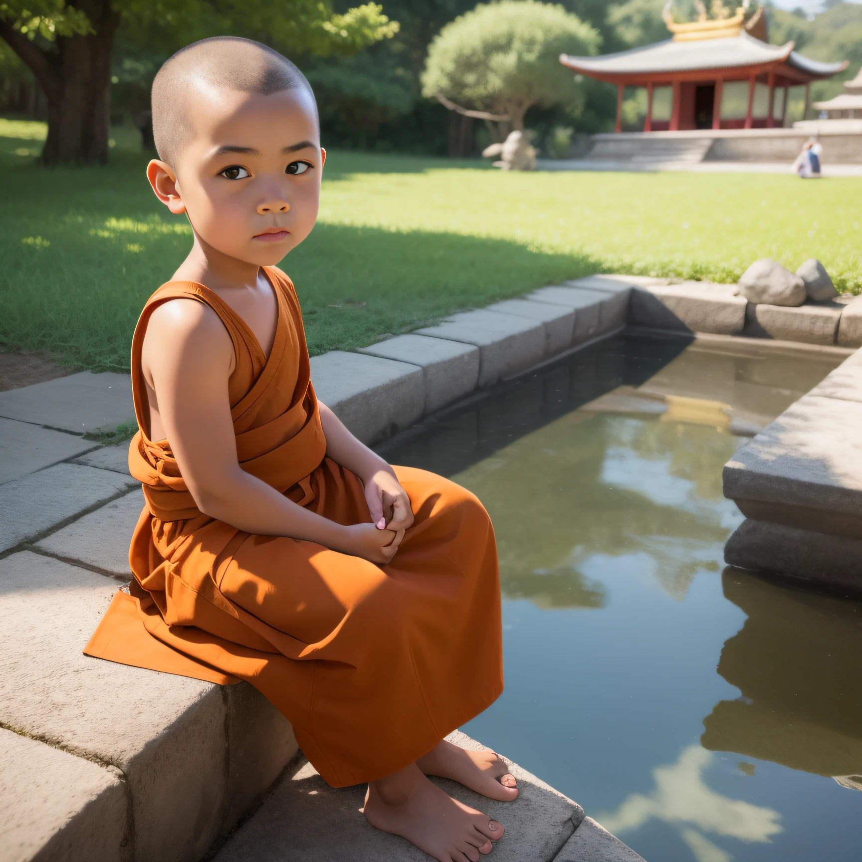 A little monk with beautiful eyebrows and no hair,Sitting in front of the temple Buddha knocking on the wooden fish