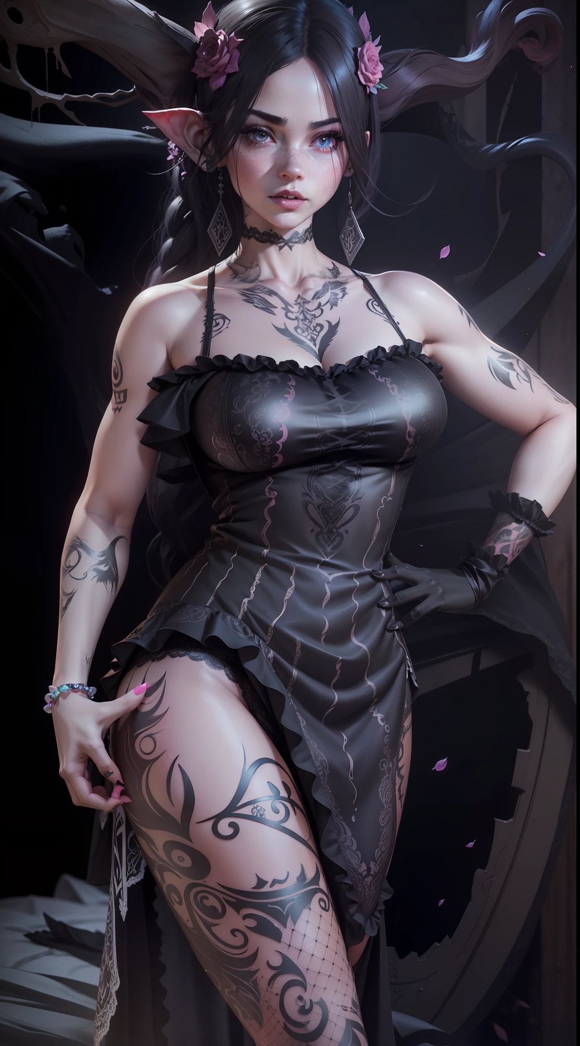 1girl,succubi,In the dark,Wear a black lace dress,Chest large,There are tattoos on the chest pink color,upper legs,Thigh black fishnet socks,There are tattoos on the thighs,ultra-realistic realism,3D