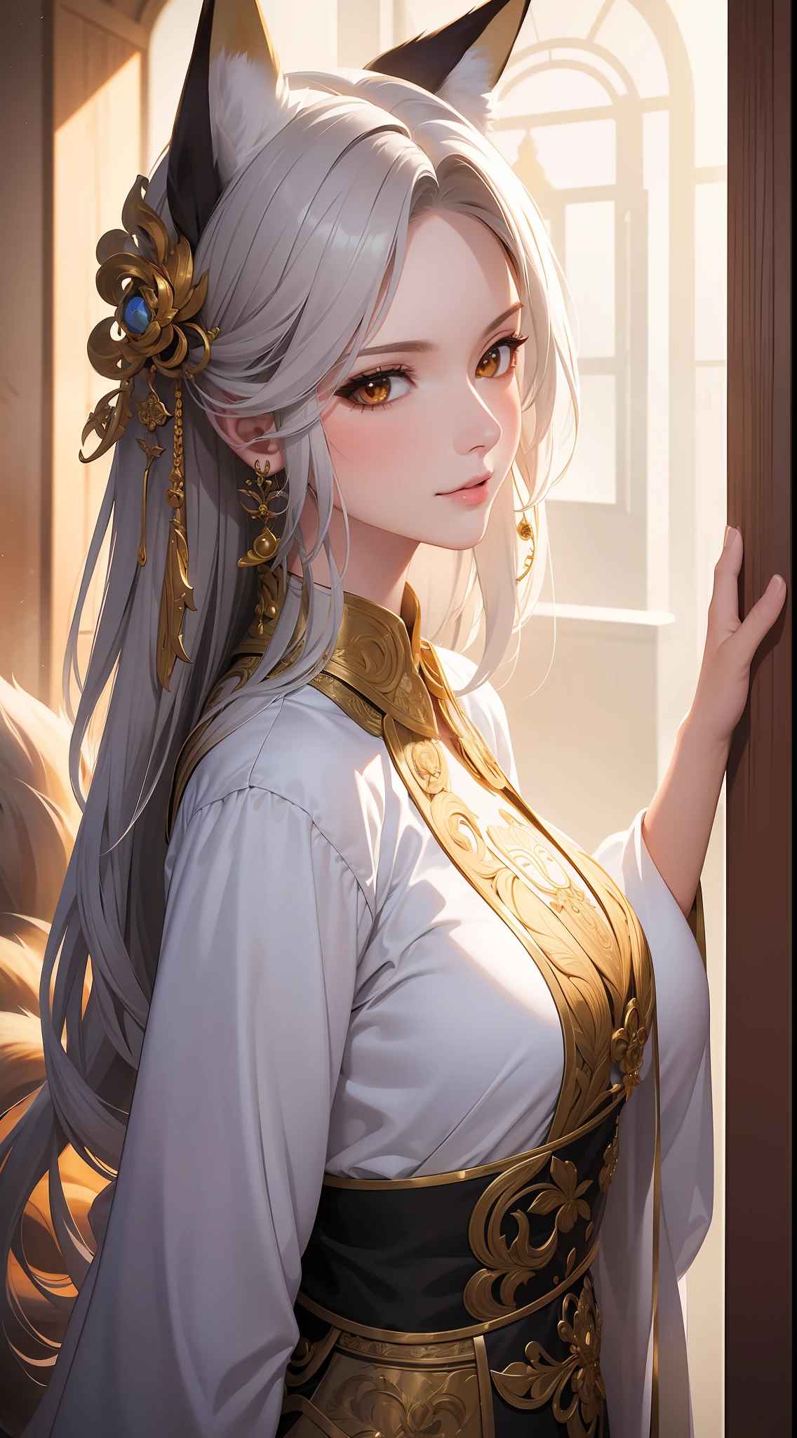 (Masterpiece:1.2, Best quality), (Very detailed face, Intricate details), Solo, 1 milf, Casual,,one-girl,a fox,girl with fox ears