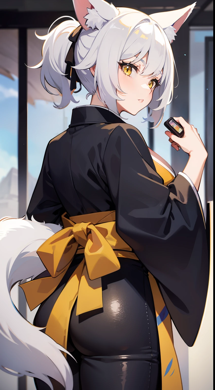 Adult woman, short white hair, high ponytail, fox ears and tail, Yellow eyes, black kimono, pomade, Masterpiece, hiquality