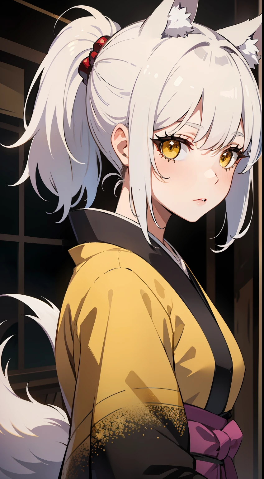 Adult woman, short white hair, high ponytail, fox ears and tail, Yellow eyes, black kimono, pomade, Masterpiece, hiquality