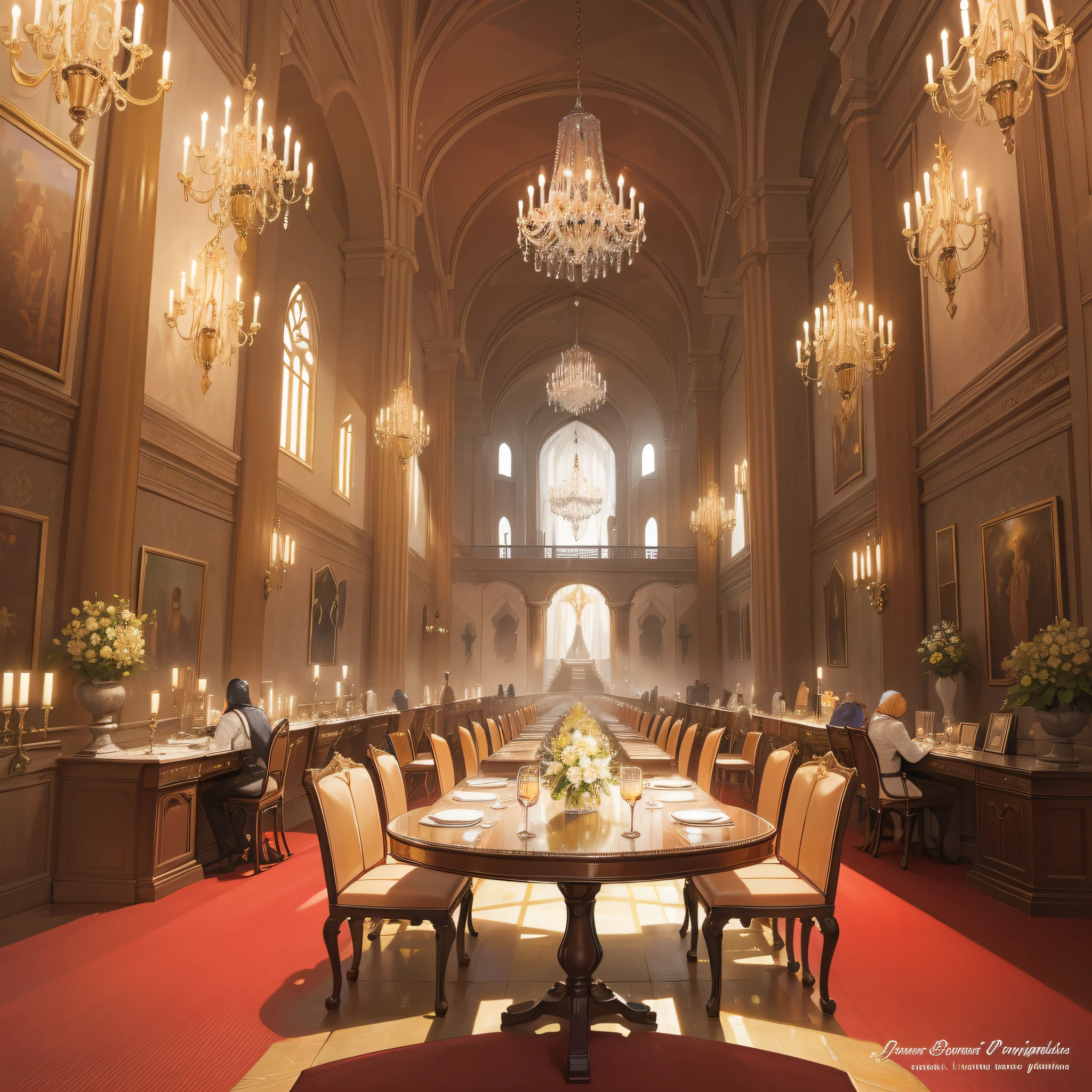 (Obra-prima, Maximum quality) The giant and golden refectory of a medieval Renaissance castle of much luxury and wealth. Janelas vitrais com uma luz quente, illuminated by magnificent lamps and chandeliers. Their giant tables are surrounded by beautiful padded chairs.