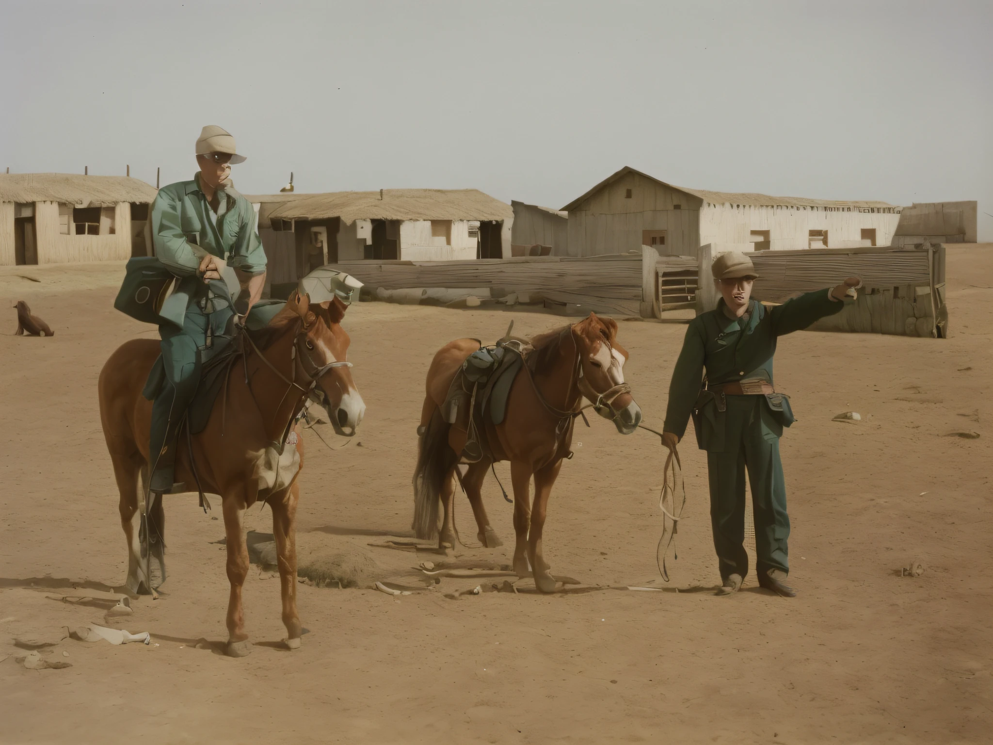 Two men rode horses in the land, Noam Rockwell in Africa, historical image, 1967, 1 9 6 7, 1943, 1 9 4 2, historical picture, 1942, 1 9 4 4, 1944, 1 9 6 4, 1964, 1968,chromatically,Restore photos,photorealestic,k hd,coloured photo