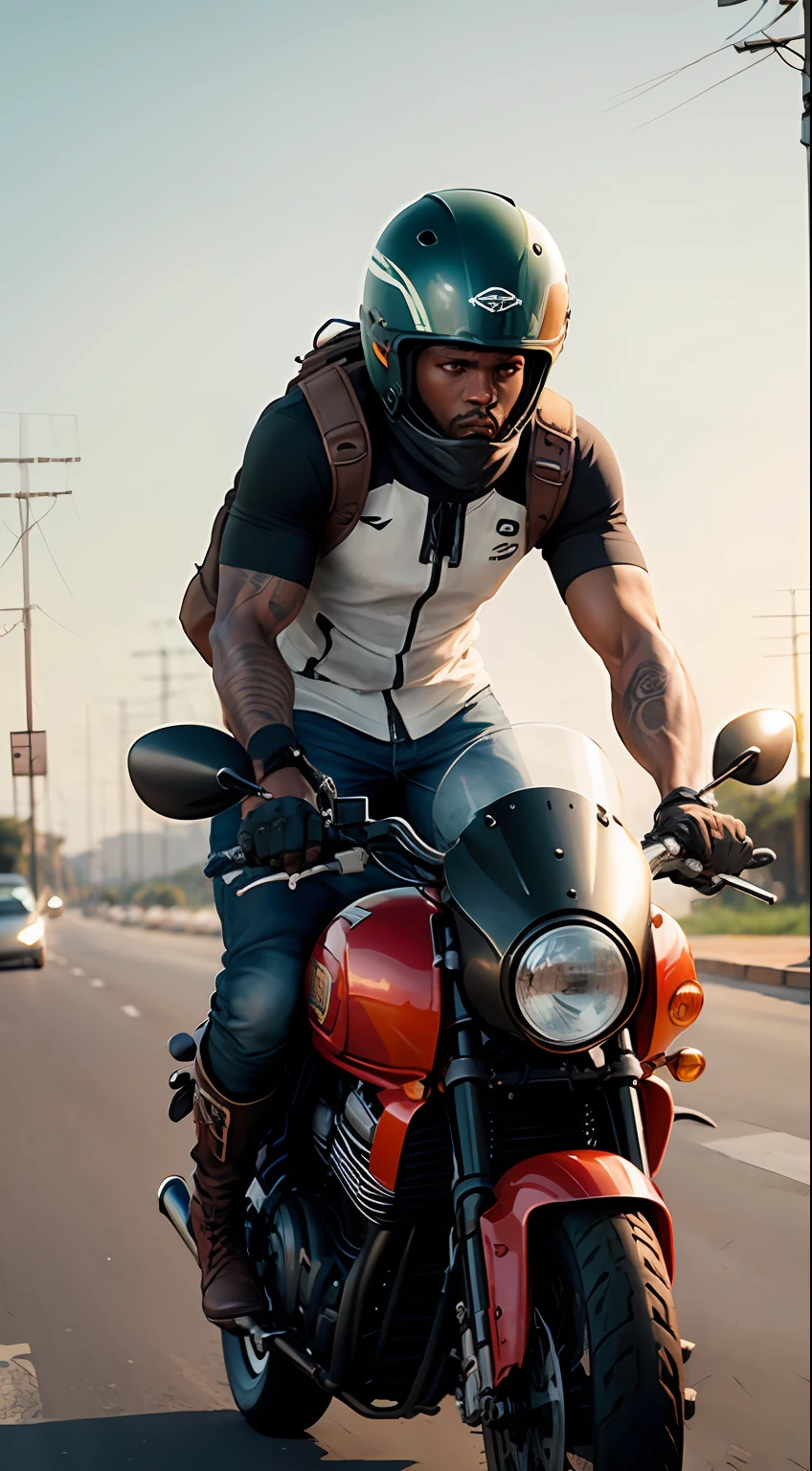 Uma pintura de um homem africano entregador em uma moto segurando o capacete um maos
