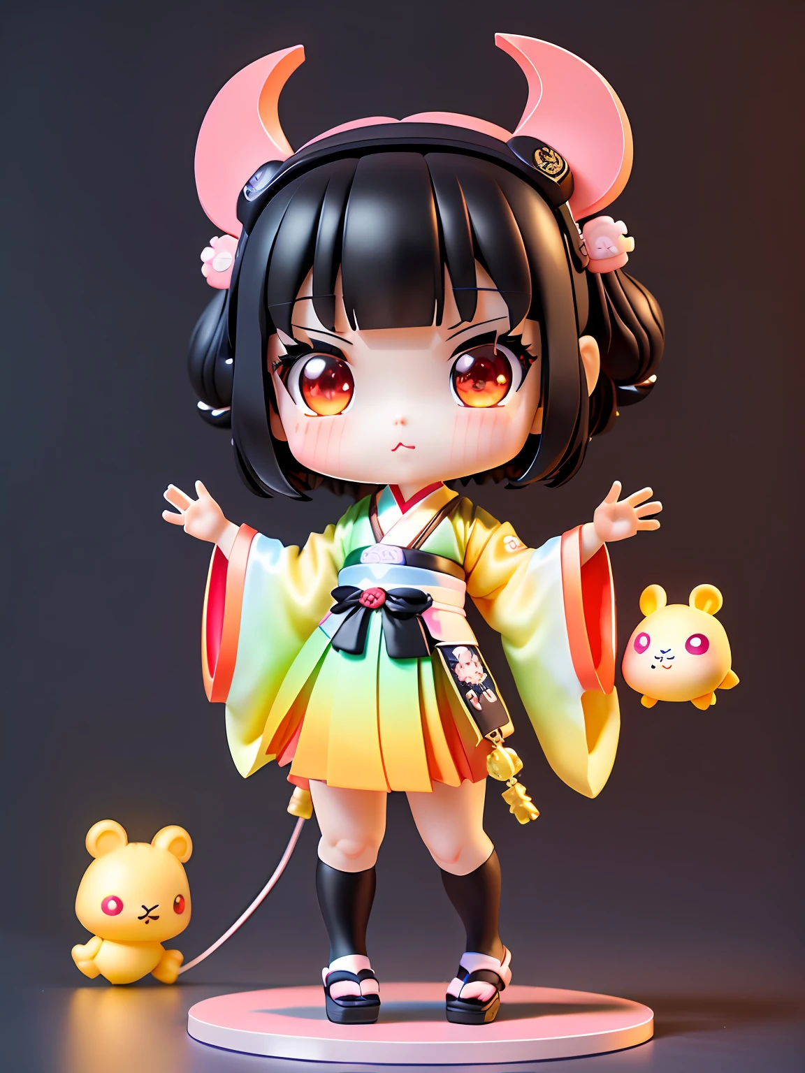 Super cute boy full body 3D drawing,1pc,Lovely horns，good eyes looking,largeeyes,adolable,having fun,Stubborn，C4D,Pop Matt Blind Box,,Glowing bubbles,toys,solid color backdrop,tchibi,Fluorescent transmission,luminous body, kawaii,dolls,(((Ancient Hanfu，Black and red Hanfu))),reference sheet,Pop Mart blind box,by Pixar,complexdetails,3Drenderingof,blender,OC renderer,FOL body reference sheet,drools,High details,8K,Studio lighting,Loli,,child,tchibi , SD character：1.1，fundo vermelho