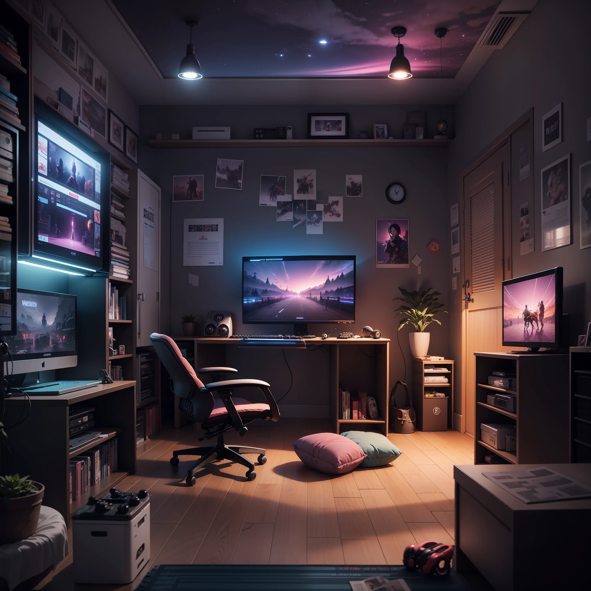 hestyle inside view of gaming room at evening, colorful night
