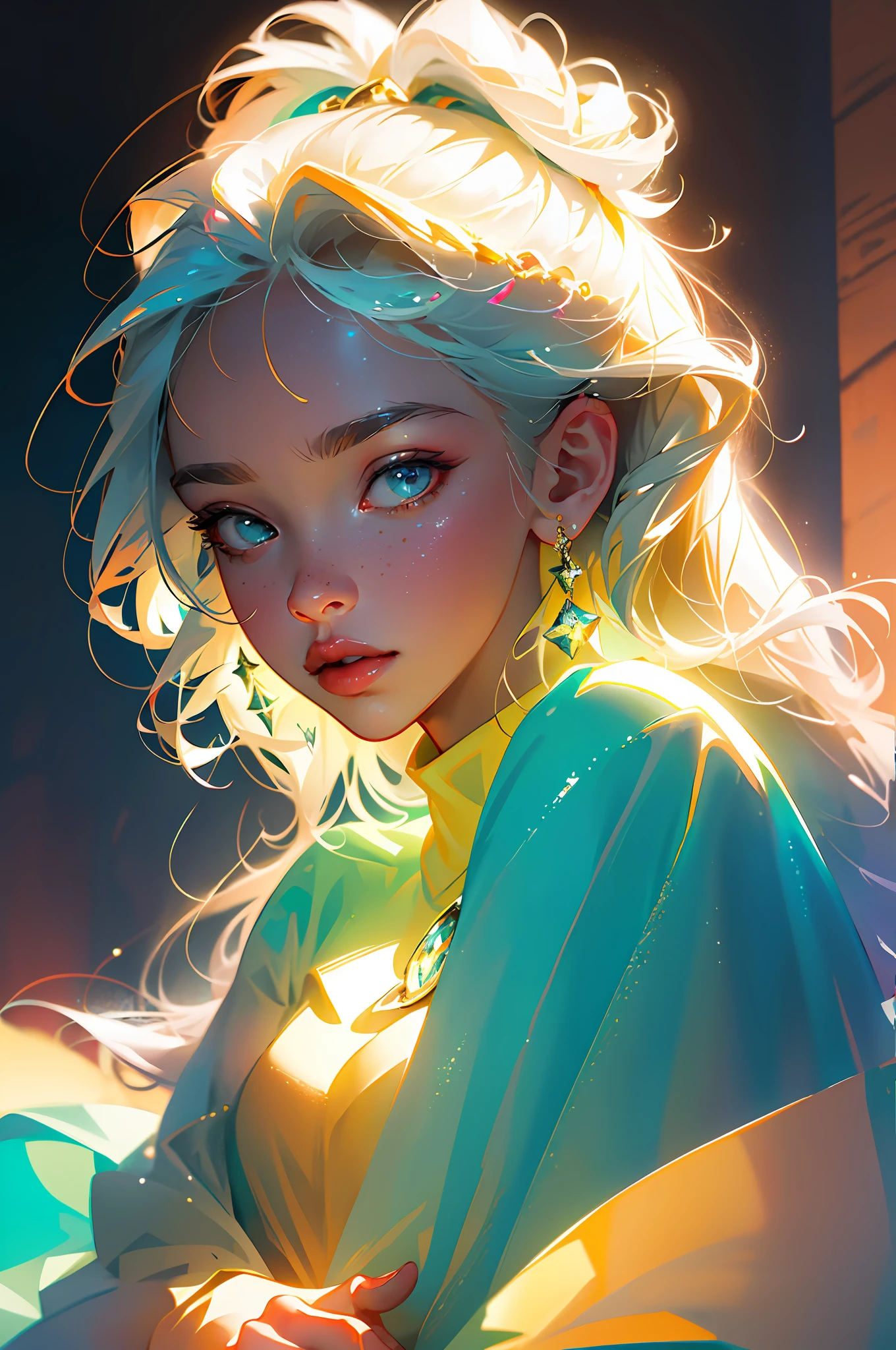 (8k, RAW photo, best quality, masterpiece: 1.2), (realistic, photorealistic: 1.37), ((best quality)), ultra high resolution, extremely detailed 8k CG wallpaper, physics-based rendering, cinematic lighting, full body, (bokeh: 1.4), ((((1girl))), (oval face), closed face
 White-haired girl with multicolored shines, surrounded by a golden, heavenly, beautiful, bright aura,