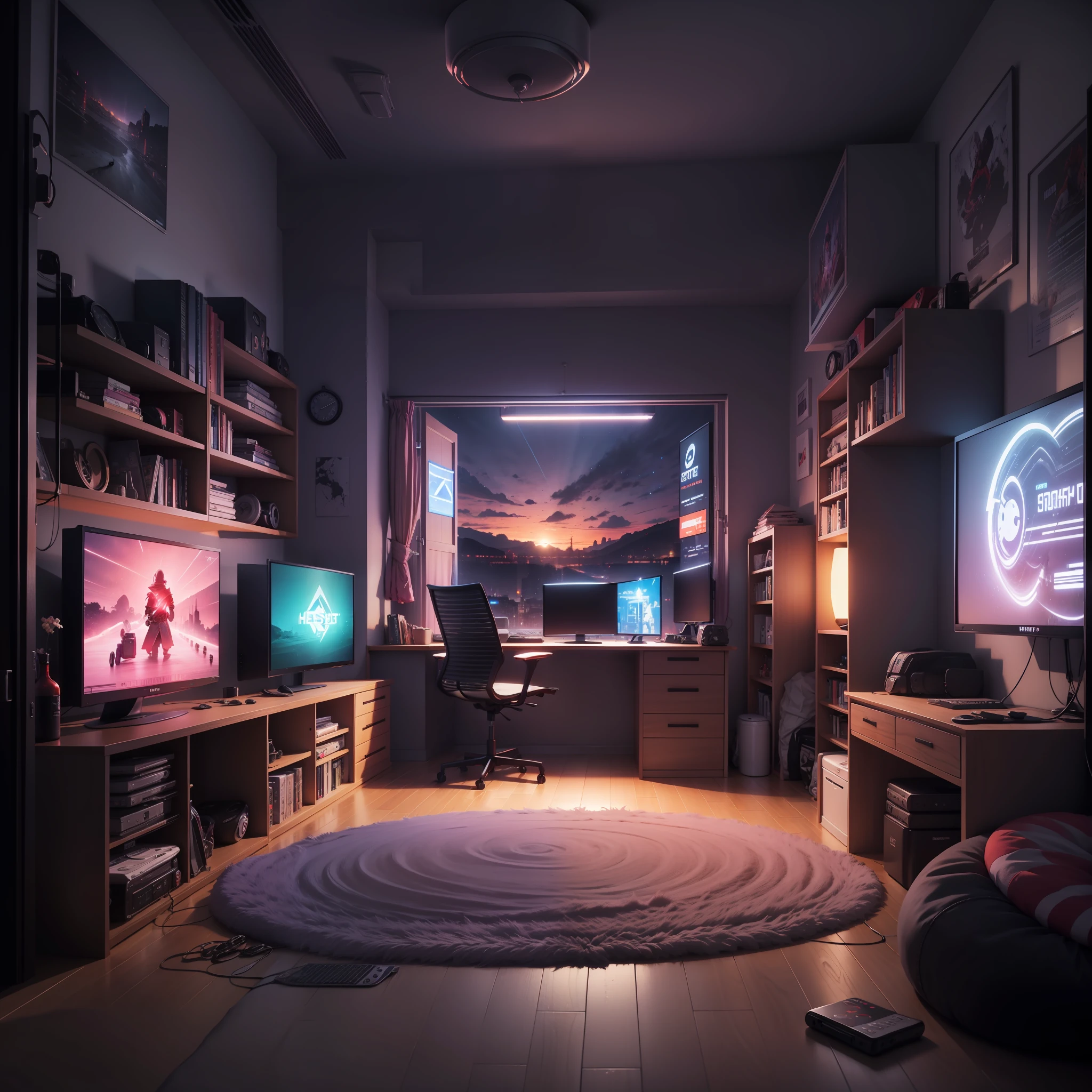 hestyle inside view of gaming room at evening, colorful night