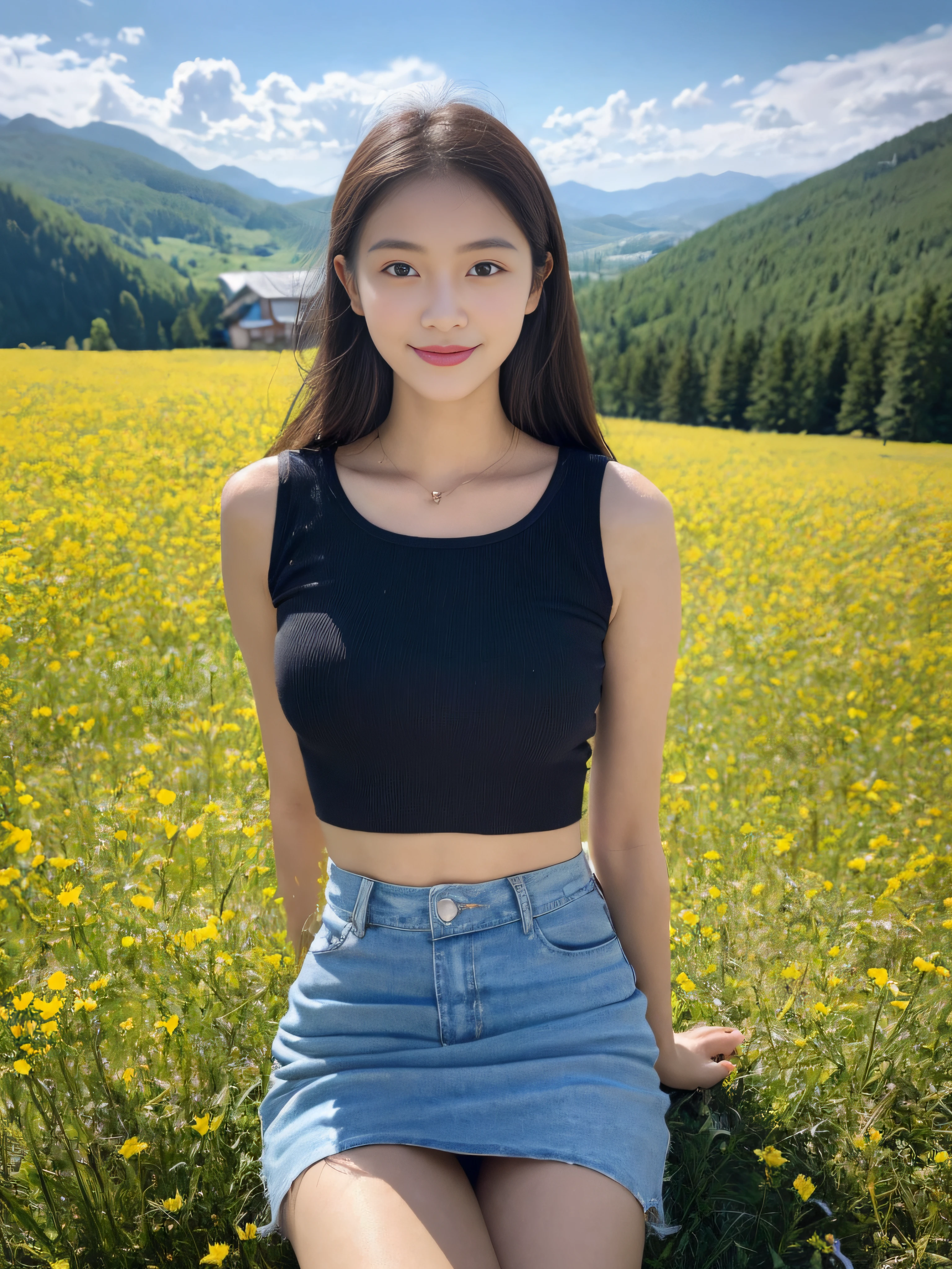 ((best qualtiy, 8K, tmasterpiece:1.3)),Focus:1.2, female high-school student,wooden cabin,(A look of determination)(adolable),delicated face,Long hair waist-length,long hair flowing,Tilt your head,ssmile,Hair details,Delicate Full Body Portrayal,Delicate depiction of the face,Best picture quality,A high resolution,细致背景,Delicate portrayal,exquisitedetails,Rich in detail,Facial strengthening,(Black crop top with crop top,short skirt),with blue sky and white clouds,Sitting Among the Flowers,wooden cabin,There are no bags under the eyes