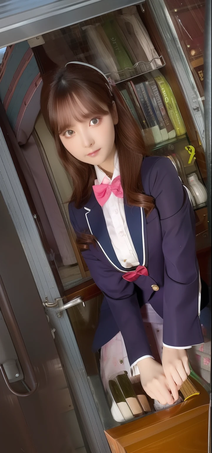 girl, Sooha, verry beautiful, beautiful eyes, beautiful hair, brown hair, pink eyes, white shirt, navy blazer, short skirt, purple and red bow tie, long hair, realistic, ultra detail, 70mm lens,